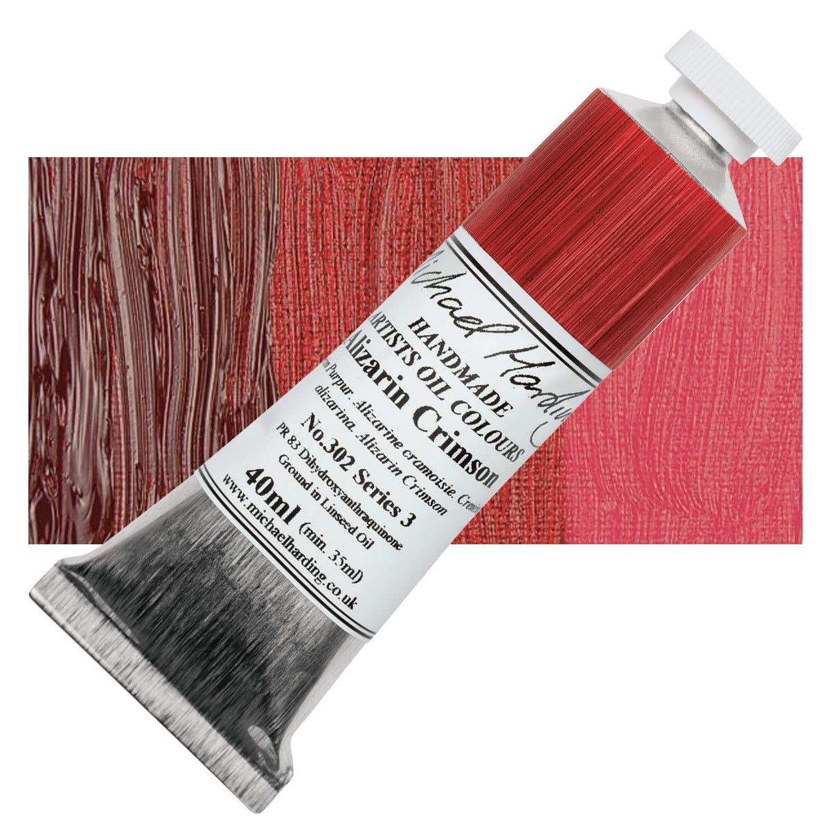Michael Harding Artists Oil Paint - Alizarin Crimson, 40 ml tube and swatch
