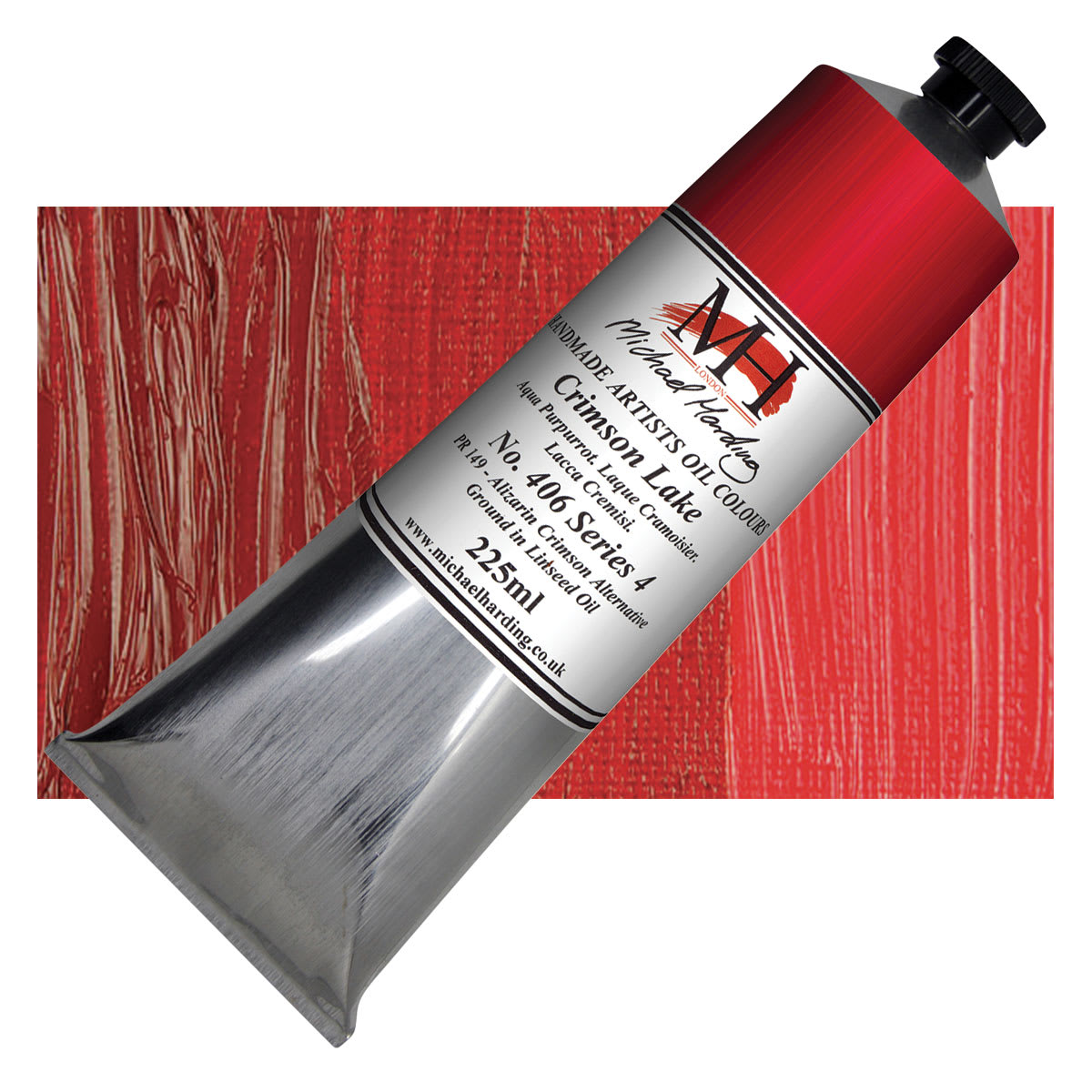 Michael Harding Artists Oil Paint - Crimson Lake, 225 ml tube and swatch