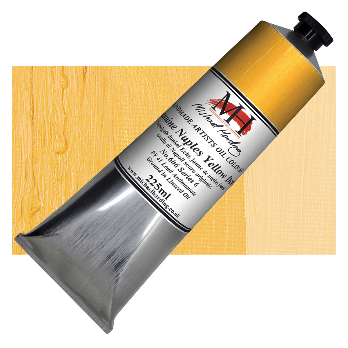 Michael Harding Artists Oil Paint - Genuine Naples Yellow Dark, 225 ml tube and swatch