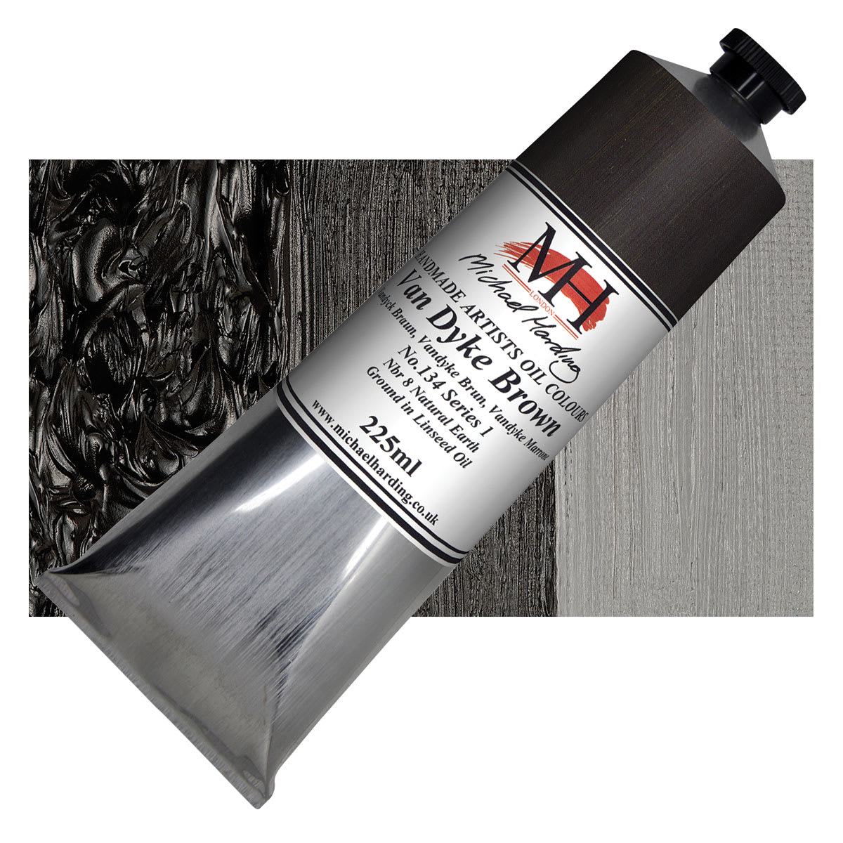 Michael Harding Artists Oil Paint - Van Dyke Brown, 225 ml tube and swatch
