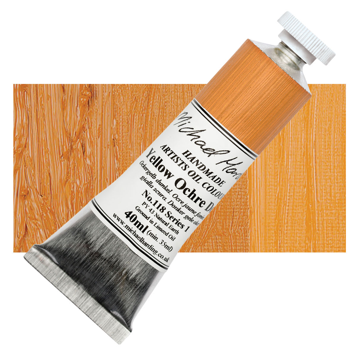 Michael Harding Artists Oil Paint - Yellow Ochre Deep, 40 ml tube and swatch