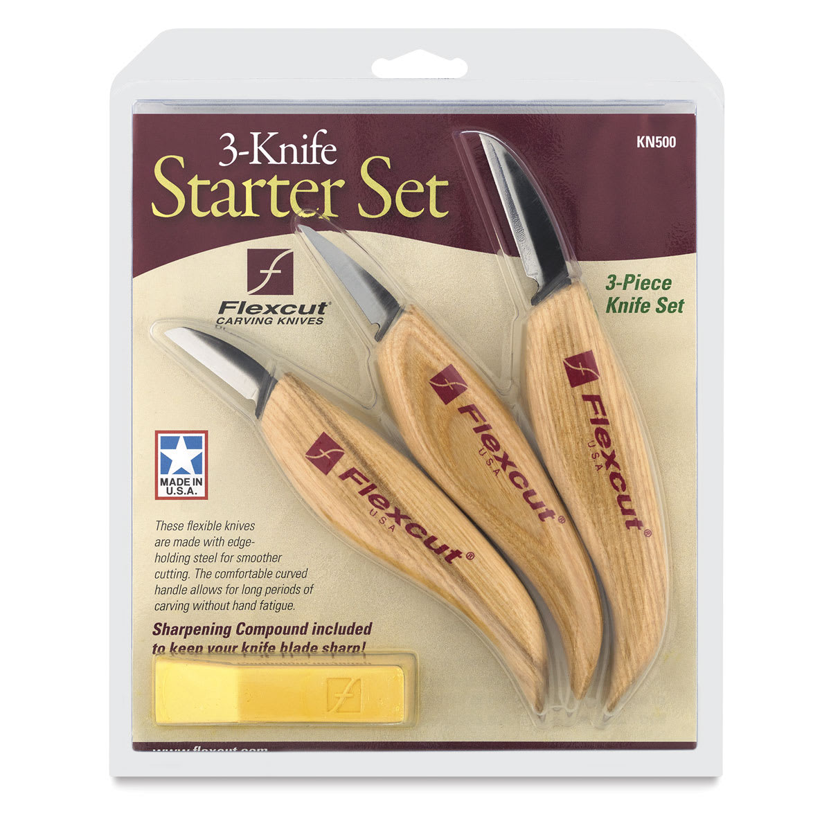 Flexcut 3-Knife Starter Set - Front of blister package showing knives