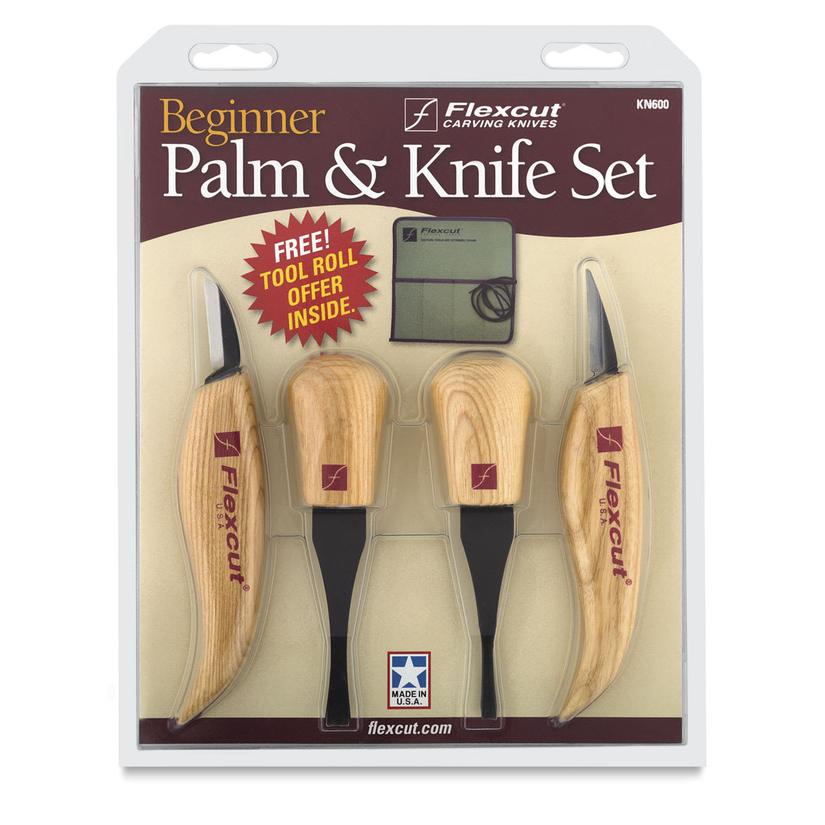 Flexcut Beginner Palm and Knife Set - Front of blister package showing tools
