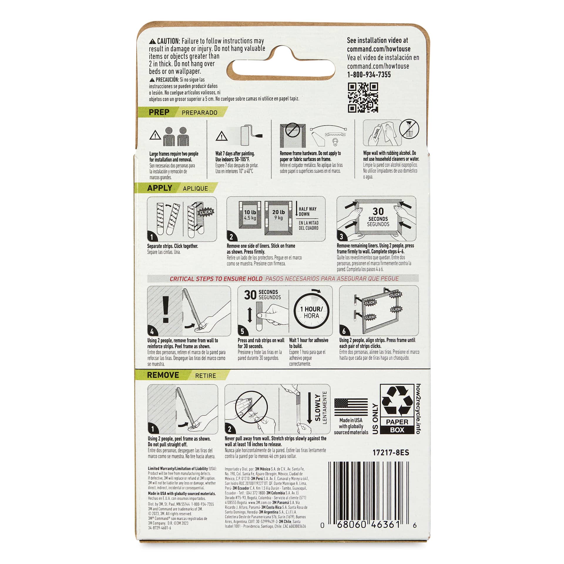 Command Picture Hanging Strips - X-Large, Pkg of 8 Pairs, back of the packaging