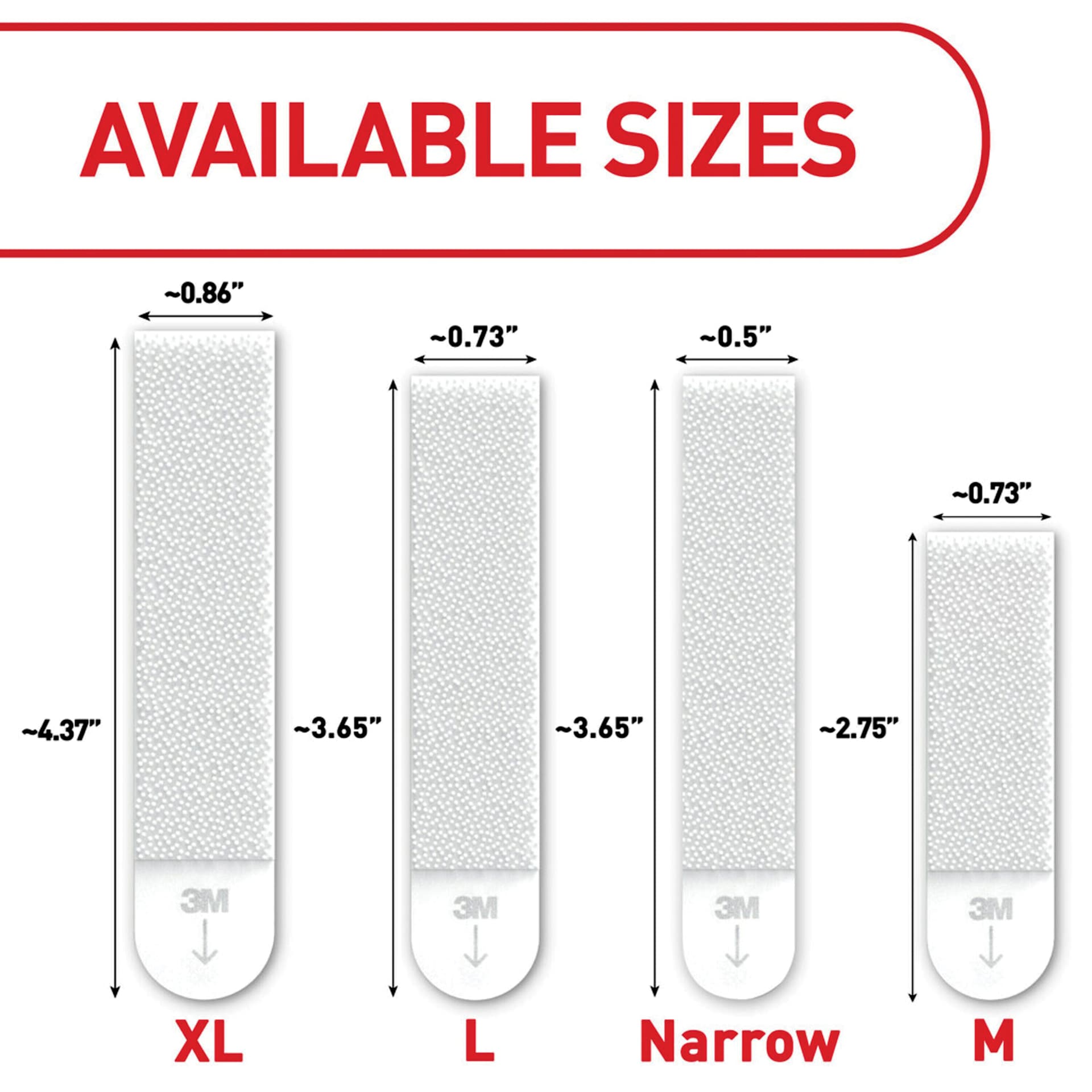 Available Sizes - Extra Large: 4.37" x .86", Large: 3.65" x .73", Narrow: 3.65" x .05", Medium: 2.75" x .73"