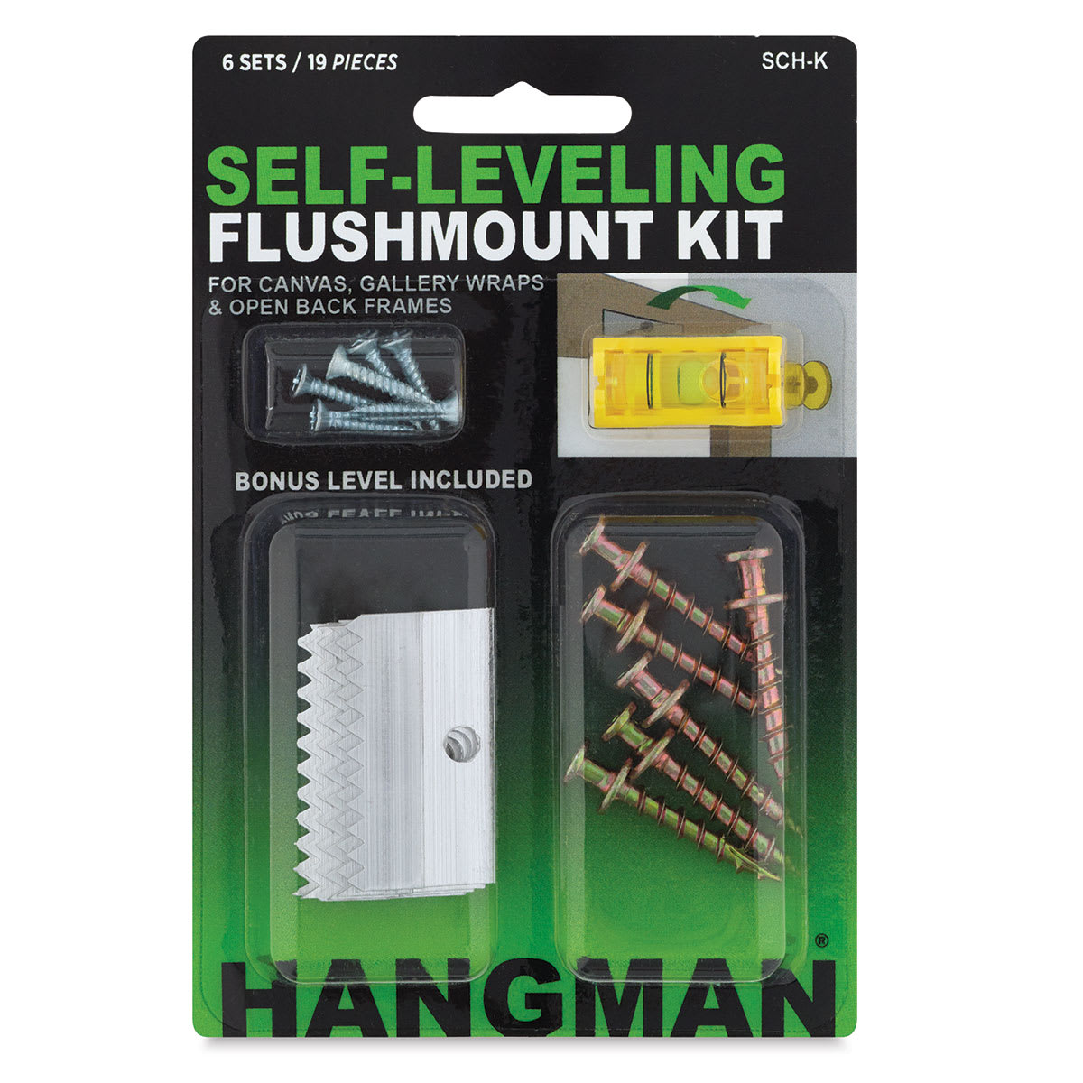 Hangman Self-Leveling Flushmount Hanger Kit - Front of package of 6