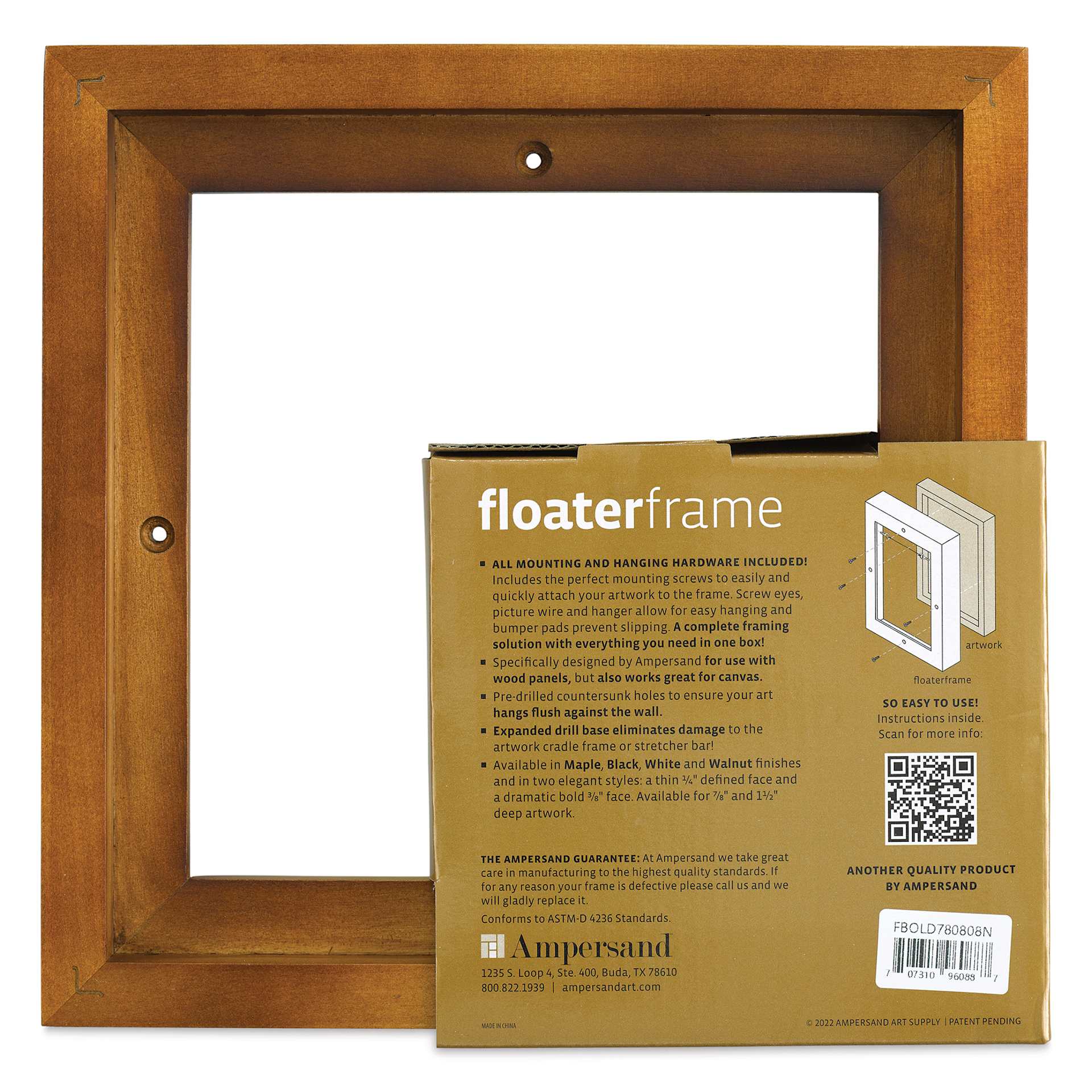 Ampersand Floaterframe - Bold, Walnut, 8" x 8", 7/8", back of packaging
