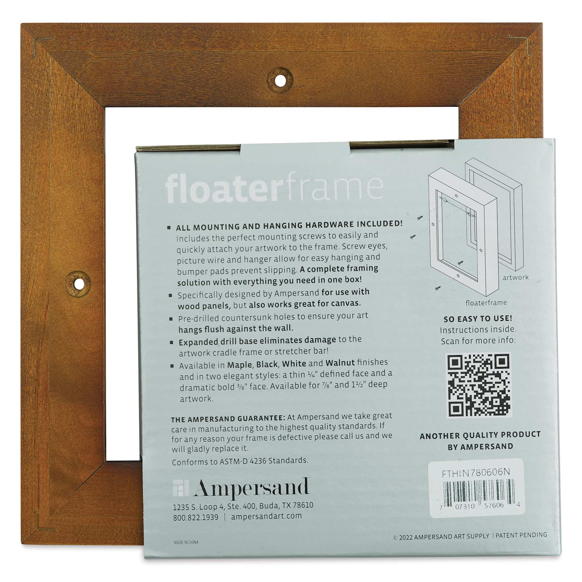 Ampersand Floaterframe - Thin, Walnut, 6" x 6", 7/8", back of frame