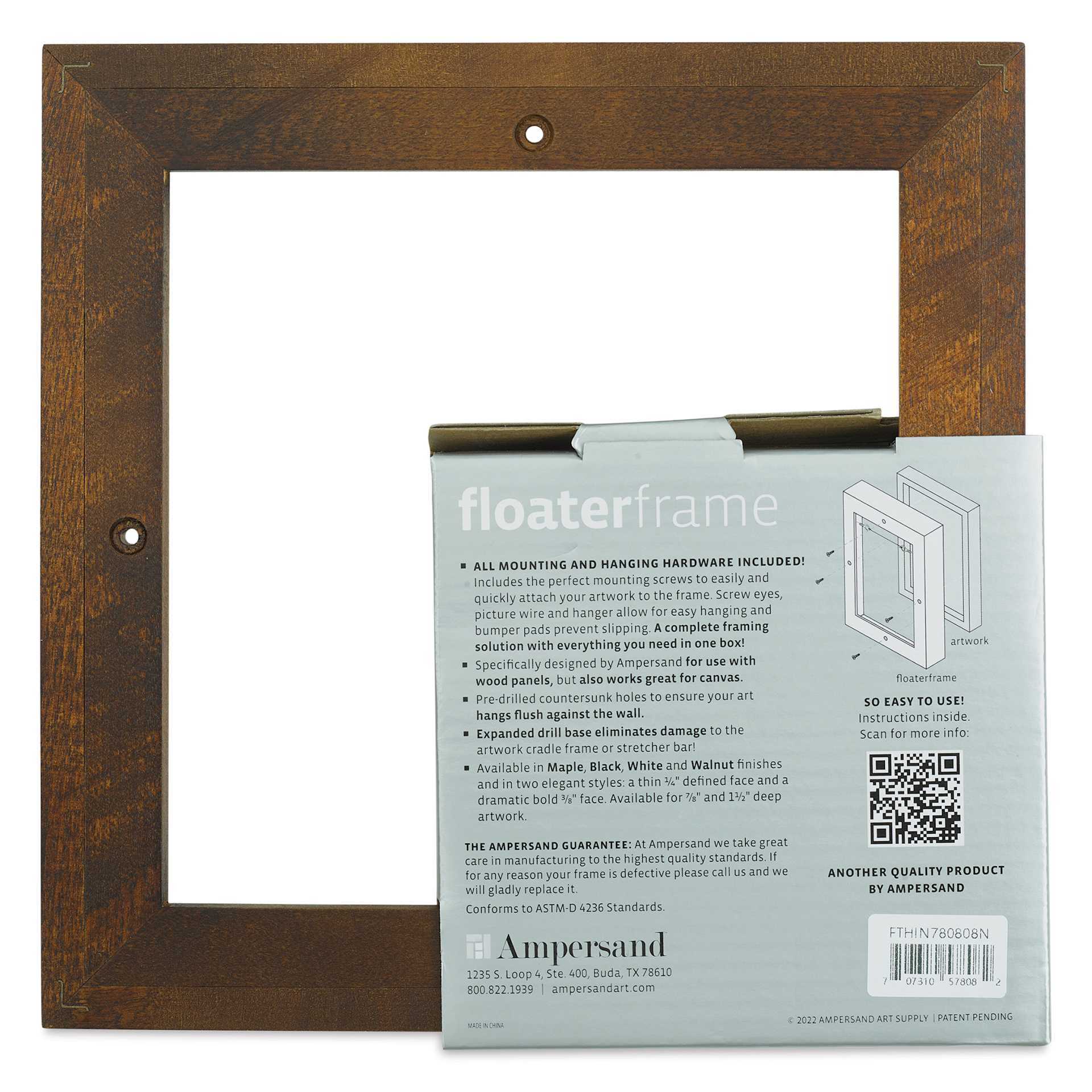 Ampersand Floater Frame - Thin, Walnut, 8" x 8", 7/8", back of frame