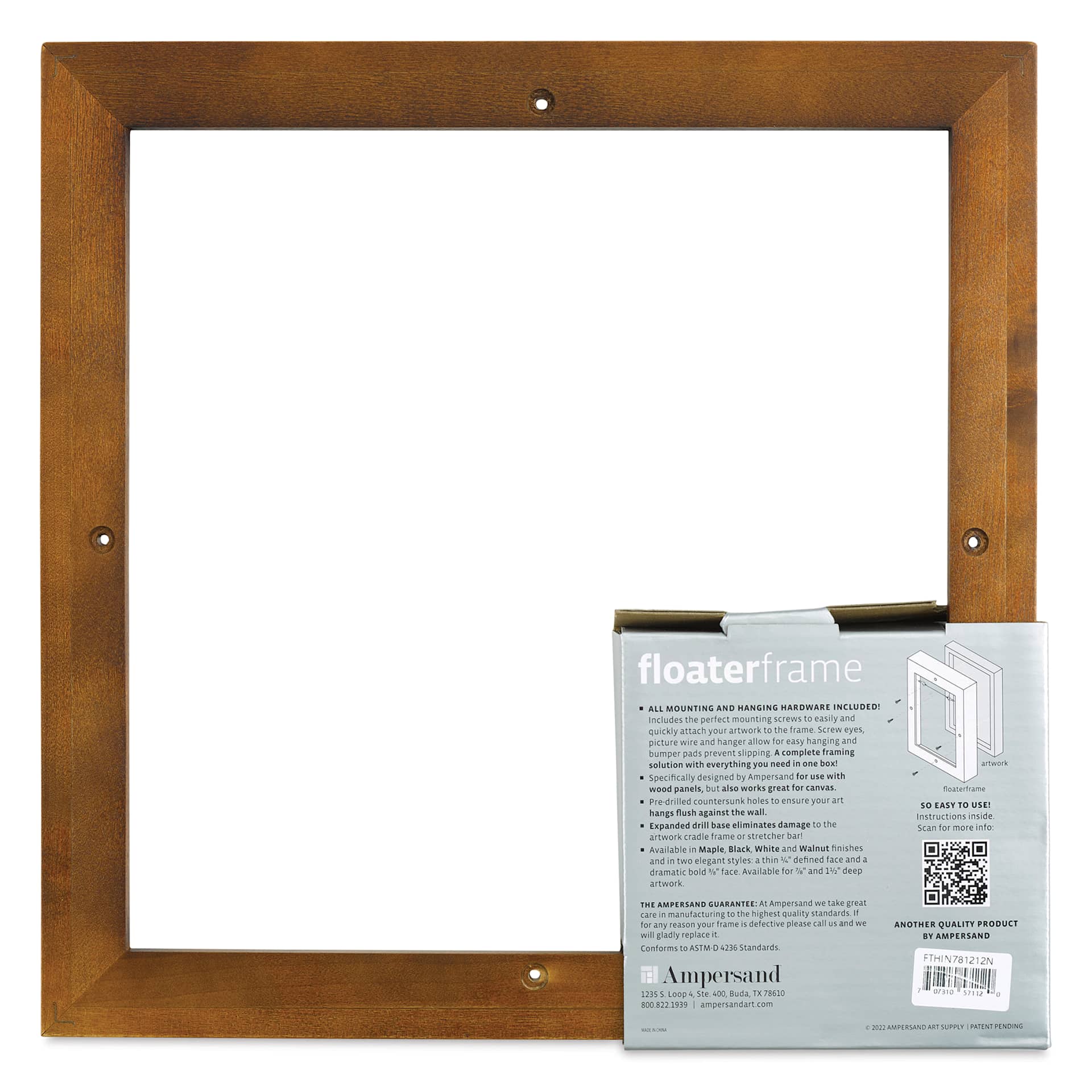 Ampersand Floaterframe - Thin, Walnut, 12" x 12", 7/8", back of frame