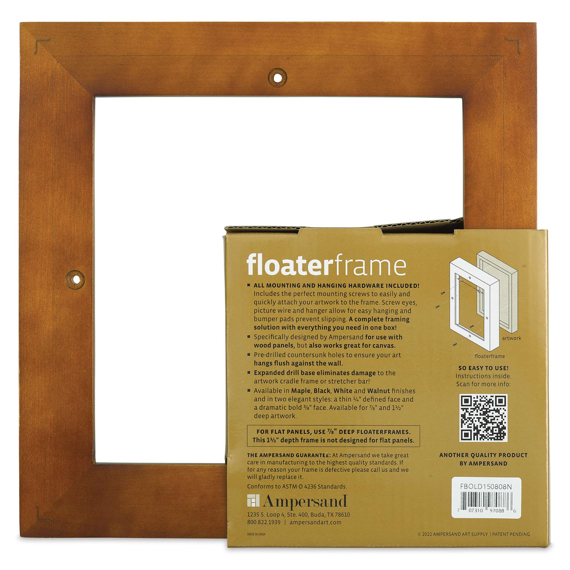 Ampersand Floaterframe - Bold, Walnut, 8" x 8",1-1/2", back of frame and packaging