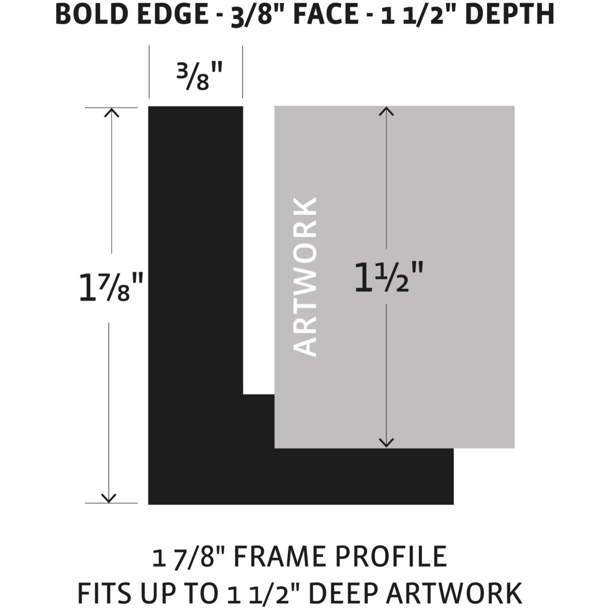 Ampersand Floaterframe - Diagram showing suitable artwork dimensions for Bold Edge - 3/8" Face - 1 1/2" depth artwork. 1 7/8" Frame Profile, Fits up to 1 1/2" Deep Artwork.