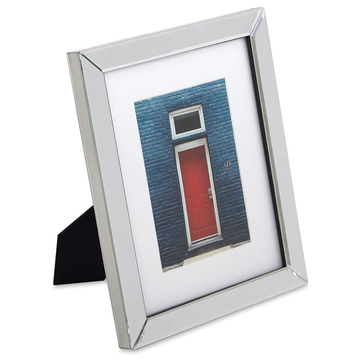 Umbra Mirror Frame - Angled view of 8" x 10" frame with 5" x 7" mat showing easel back