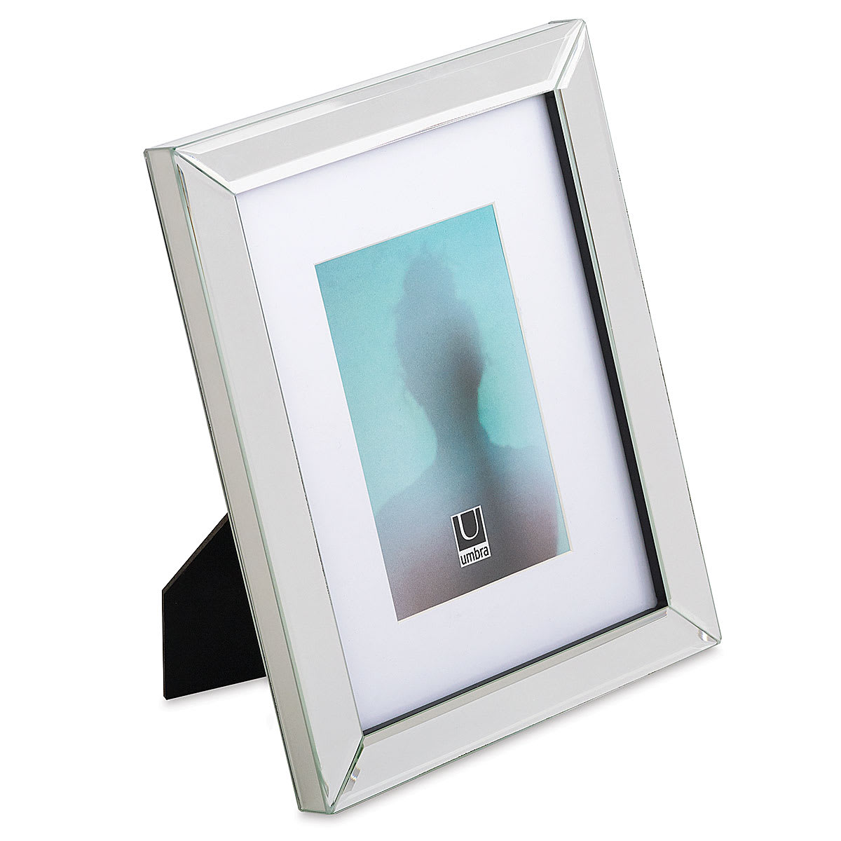 Umbra Mirror Frame - Angled view of 8" x 10" frame with 4" x 6" mat showing easel back