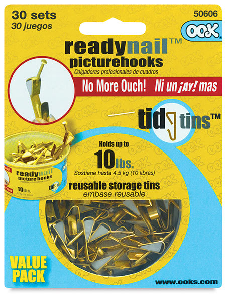 Ook ReadyNail Conventional Picture Hangers Front of package of 30 10 lb Hangers in Tidy Tin