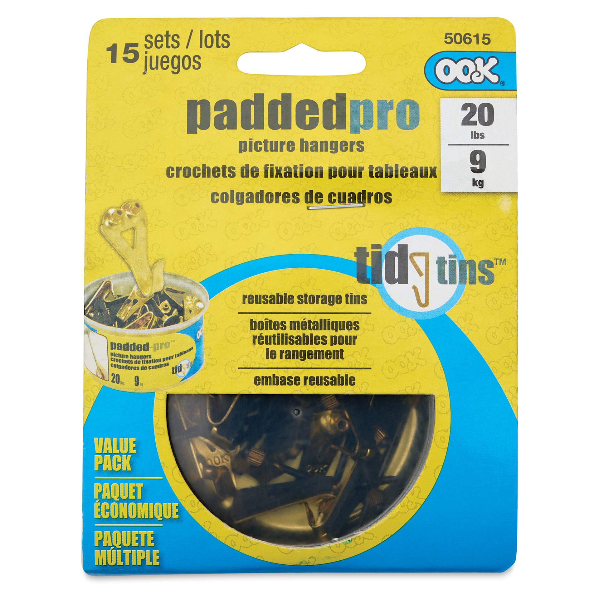 Ook Padded Pro Picture Hangers - Tidy Tin, 20 lb, Pkg of 15, front of the packaging