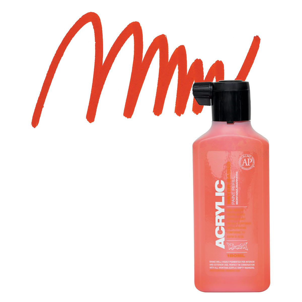 Montana Acrylic Marker Refill - 180 ml, Shock Orange Dark, Refill and swatch