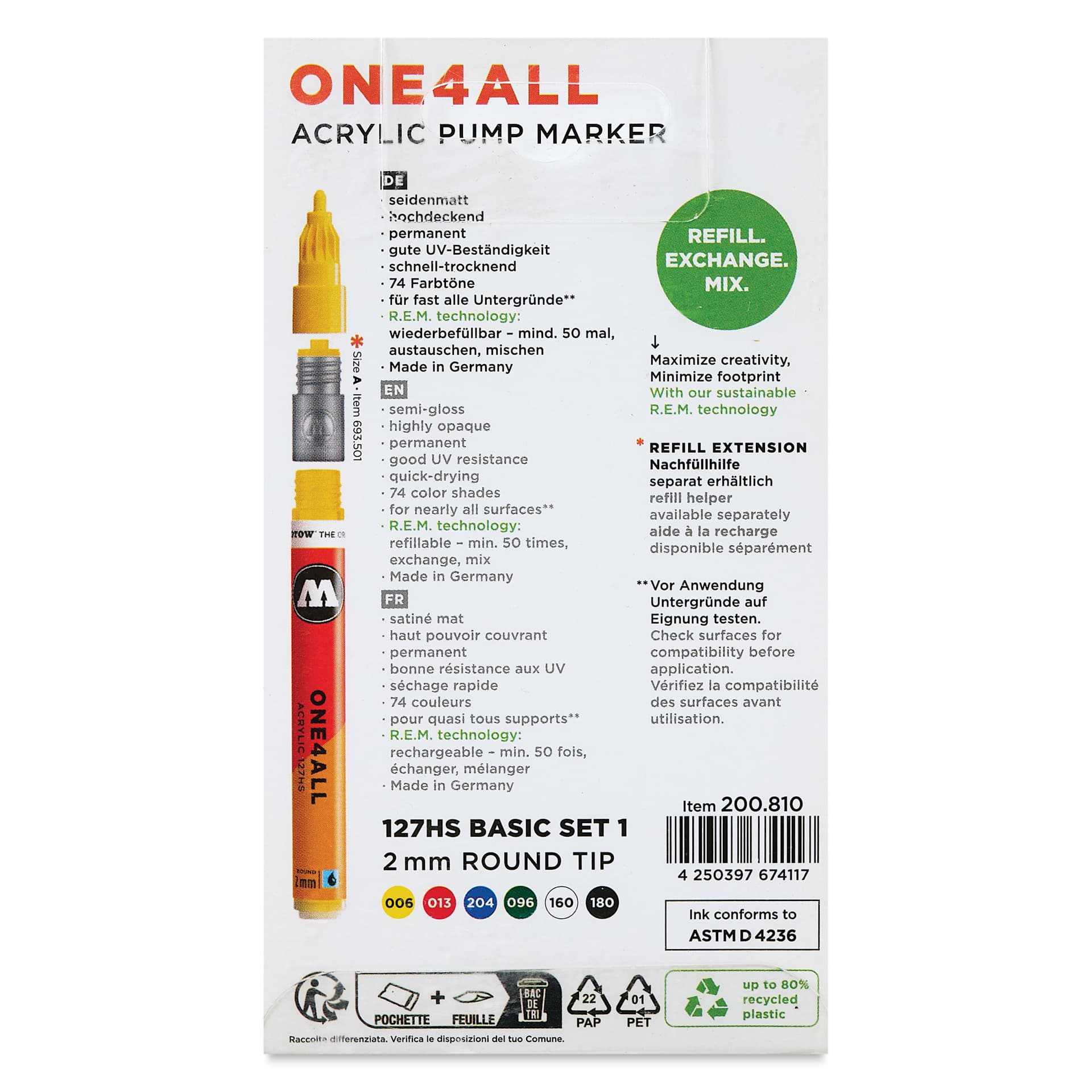 Molotow One4All Acrylic Markers - Set of 6, Basic 1 Colors, 2 mm, back of packaging