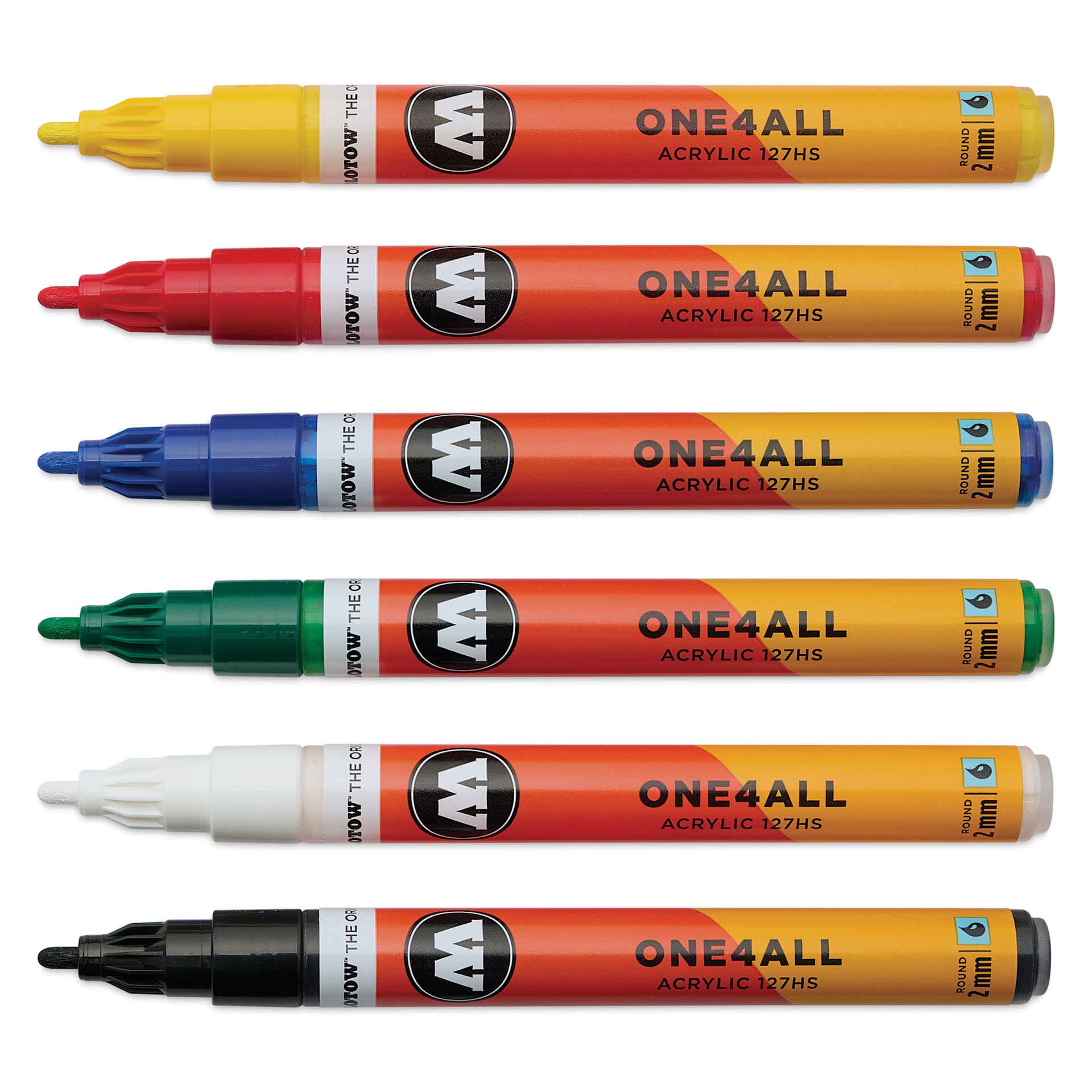 Molotow One4All Acrylic Markers - Set of 6, Basic 1 Colors, 2 mm, caps off