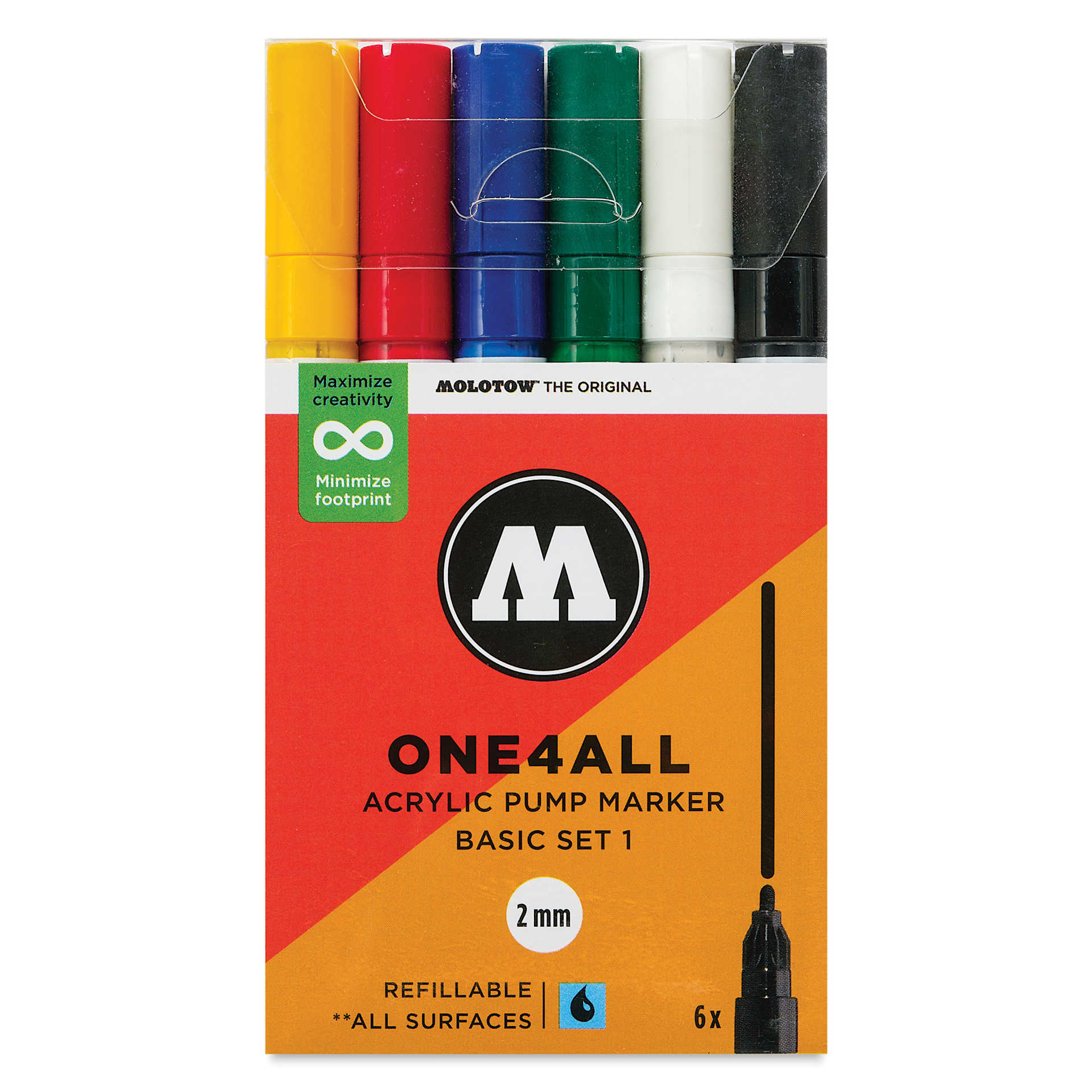 Molotow One4All Acrylic Markers - Set of 6, Basic 1 Colors, 2 mm, front of packaging