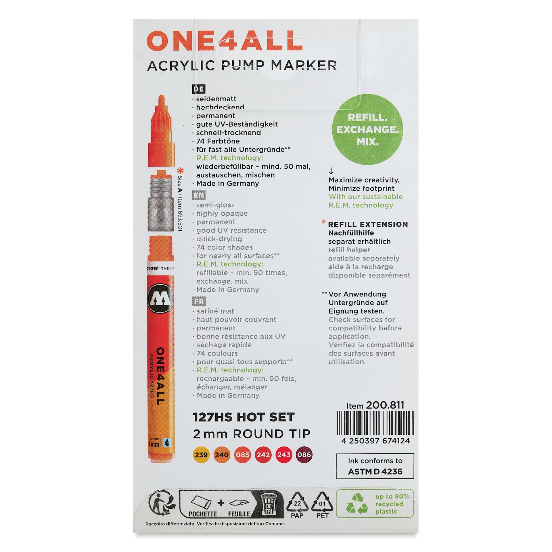 Molotow One4All Acrylic Markers - Set of 6, Hot Colors, 2 mm, back of packaging