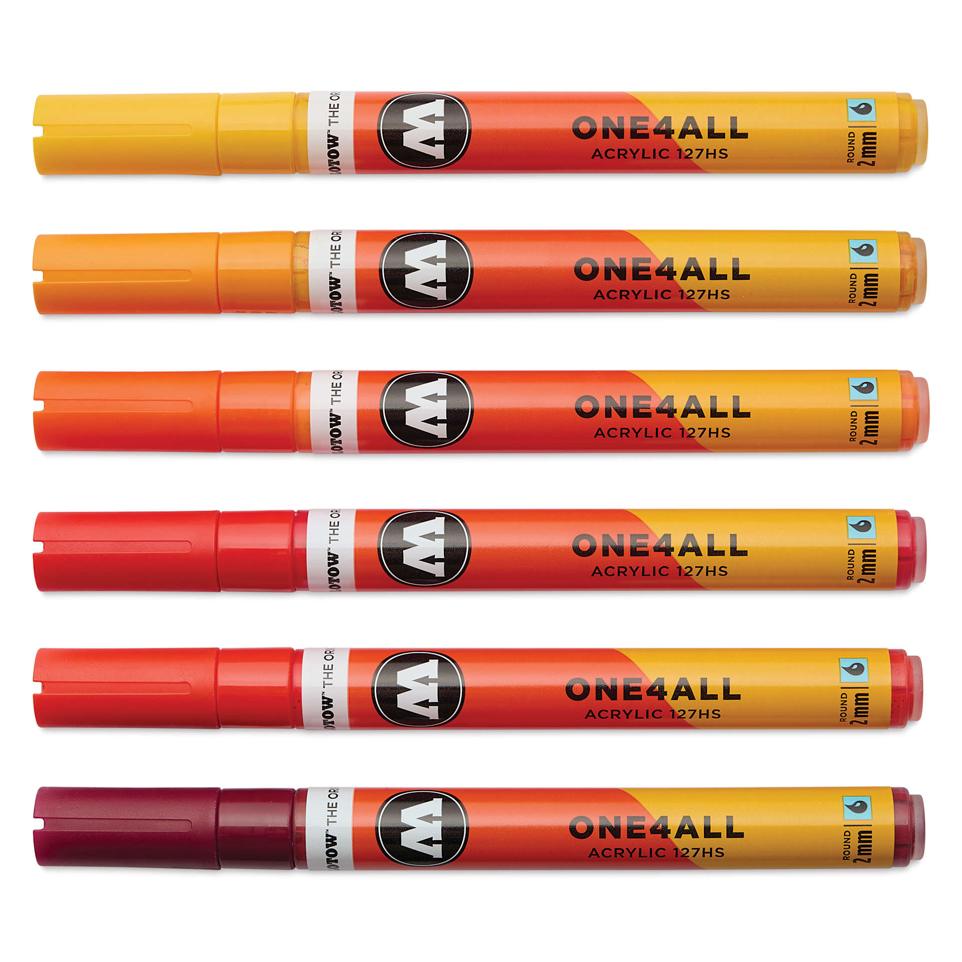 Molotow One4All Acrylic Markers - Set of 6, Hot Colors, 2 mm, caps on