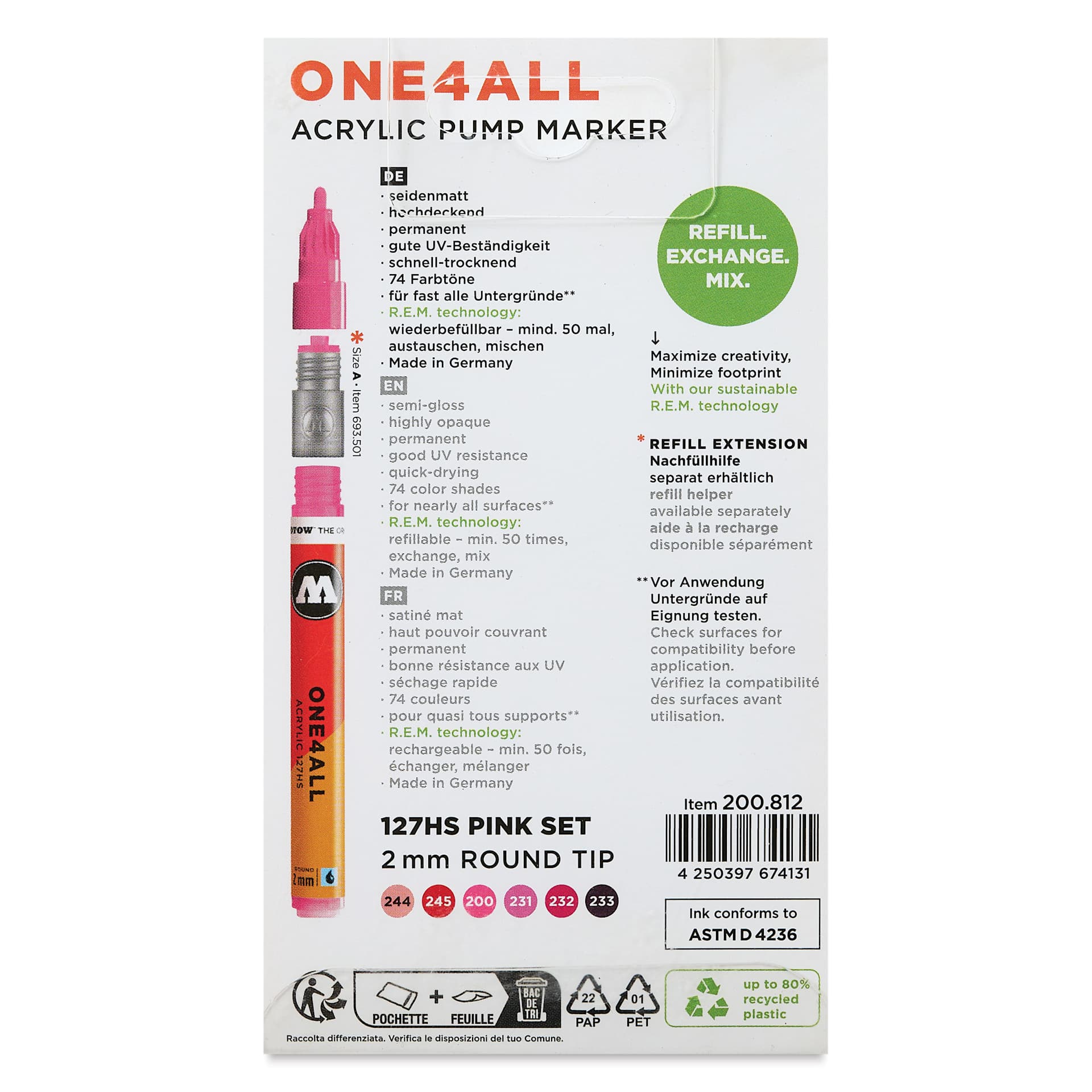 Molotow One4All Acrylic Markers - Set of 6, Pink Colors, 2 mm, back of packaging