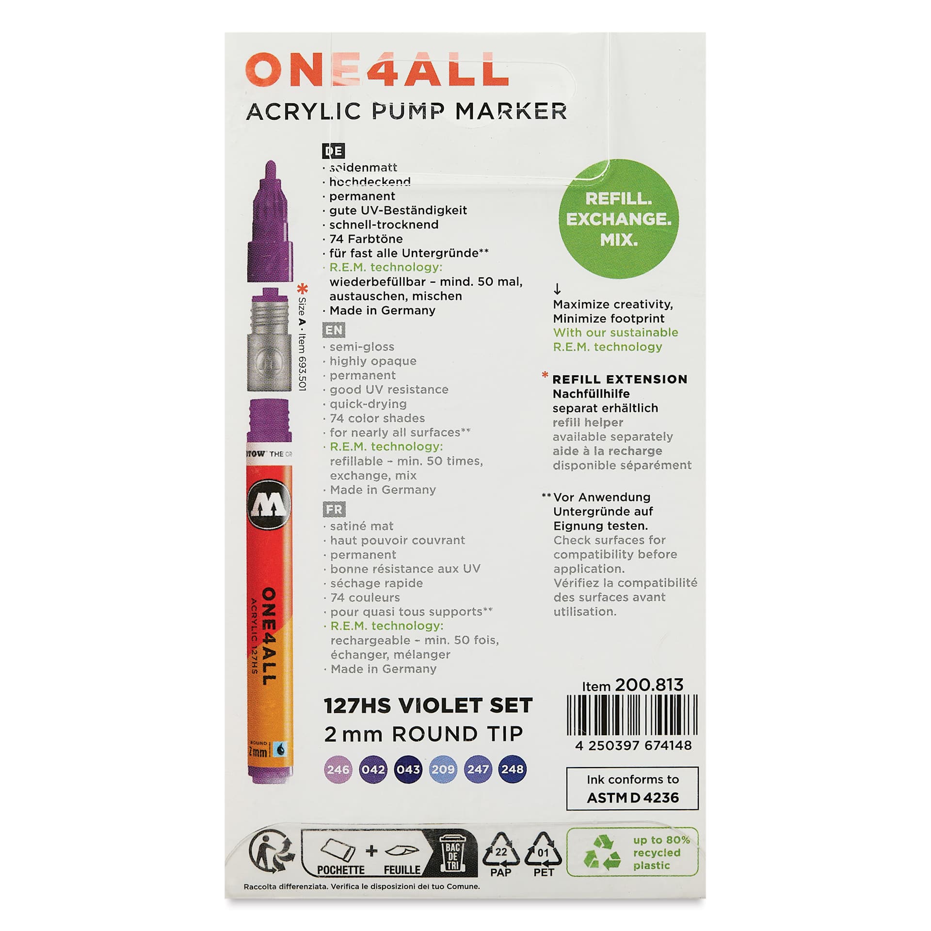Molotow One4All Acrylic Markers - Set of 6, Violet Colors, 2 mm, back of packaging