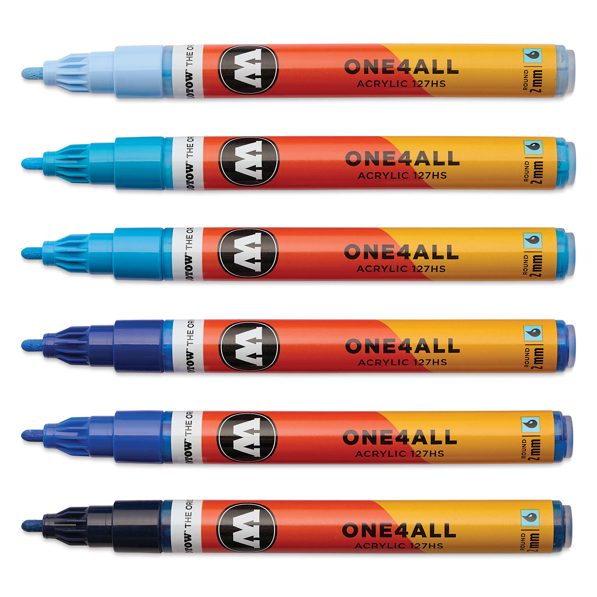 Molotow One4All Acrylic Markers - Set of 6, Blue Colors, 2 mm, caps off