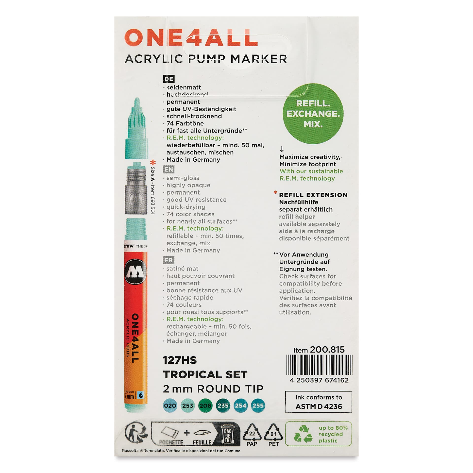 Molotow One4All Acrylic Markers - Set of 6, Tropical Colors, 2 mm, back of packaging