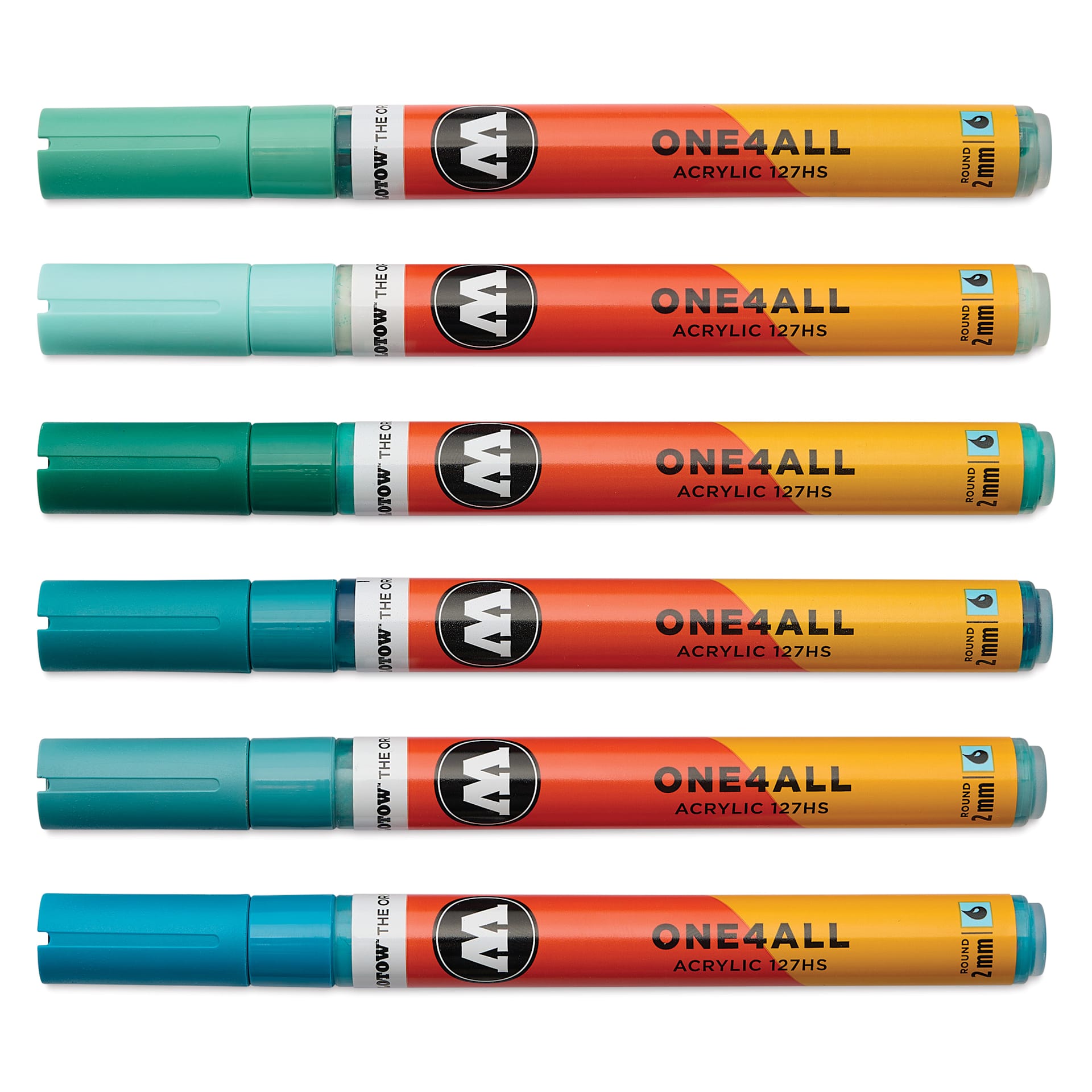 Molotow One4All Acrylic Markers - Set of 6, Tropical Colors, 2 mm, caps on