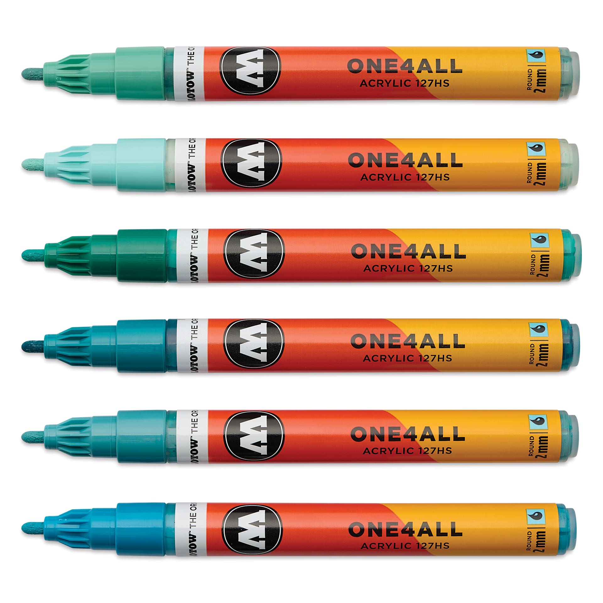 Molotow One4All Acrylic Markers - Set of 6, Tropical Colors, 2 mm, caps off