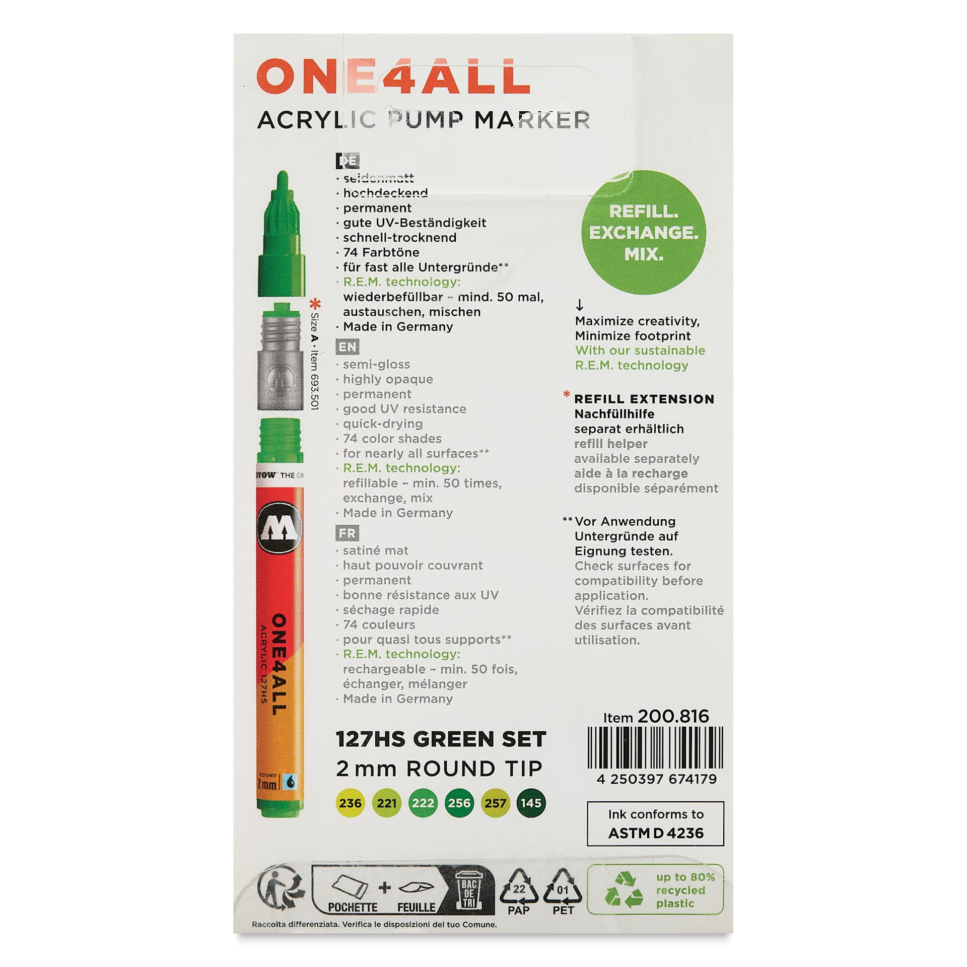 Molotow One4All Acrylic Markers - Set of 6, Green Colors, 2 mm, back of packaging