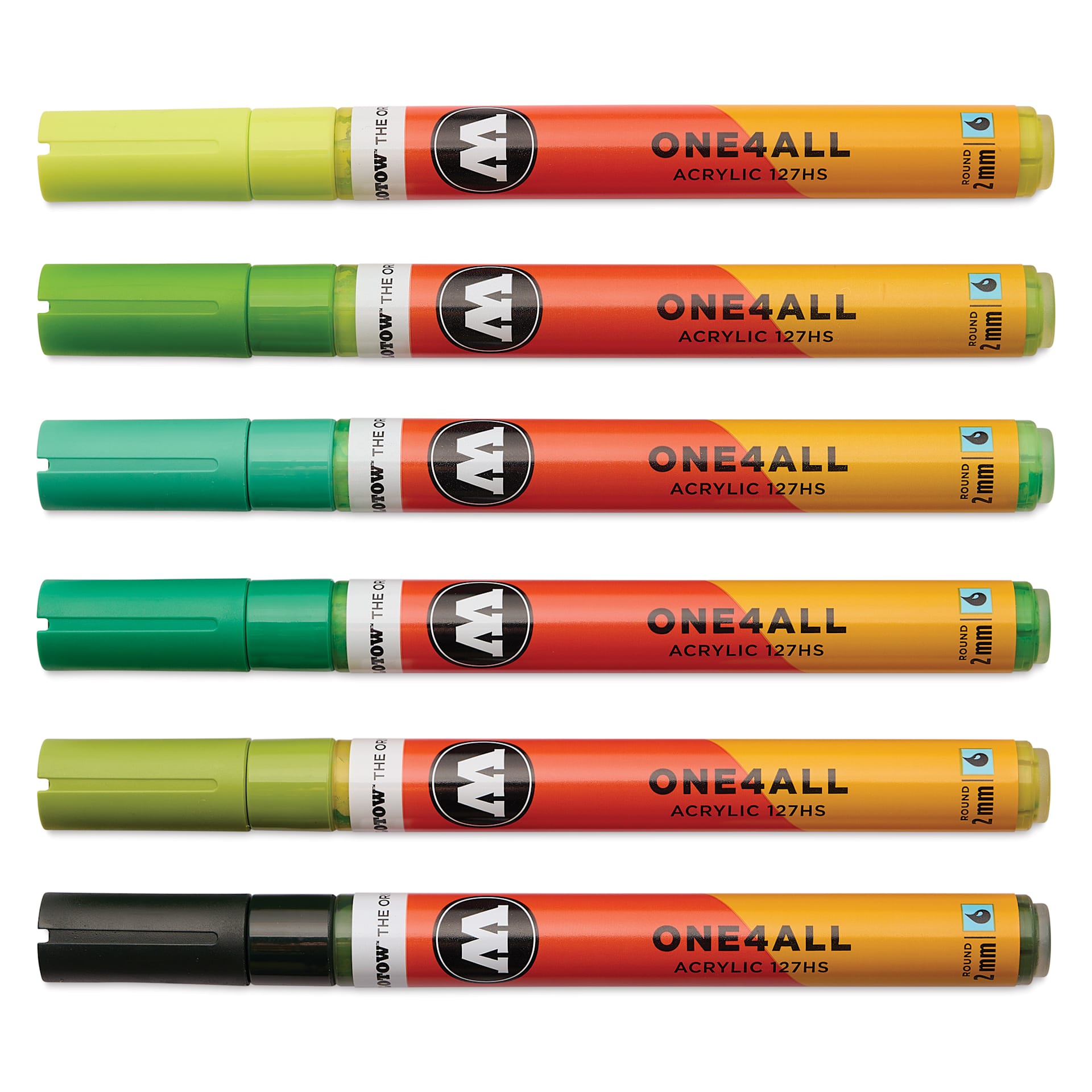Molotow One4All Acrylic Markers - Set of 6, Green Colors, 2 mm, caps on