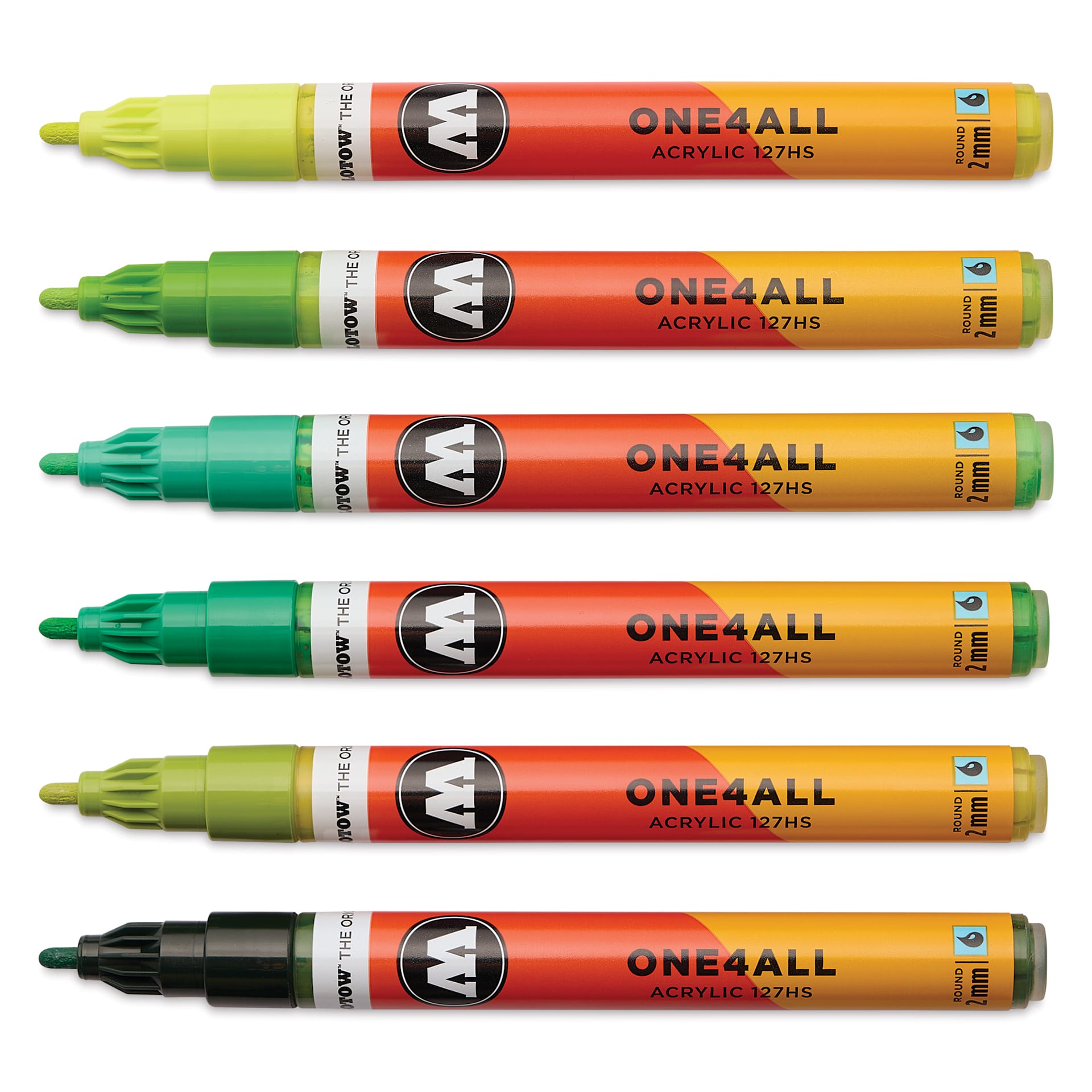 Molotow One4All Acrylic Markers - Set of 6, Green Colors, 2 mm, caps off