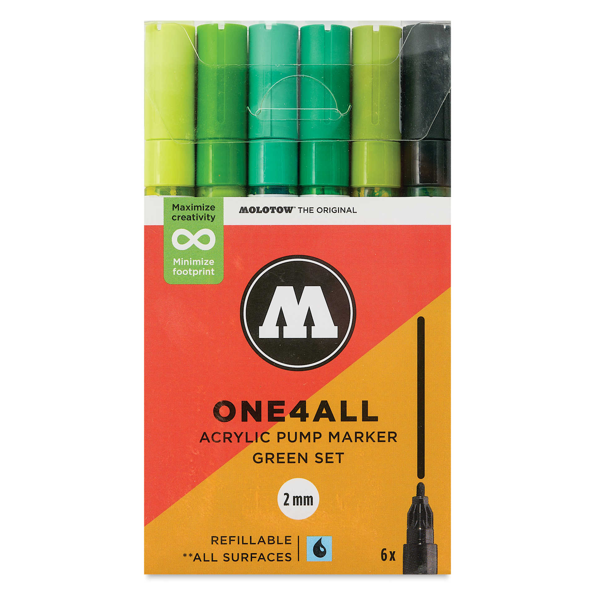 Molotow One4All Acrylic Markers - Set of 6, Green Colors, 2 mm, front of packaging