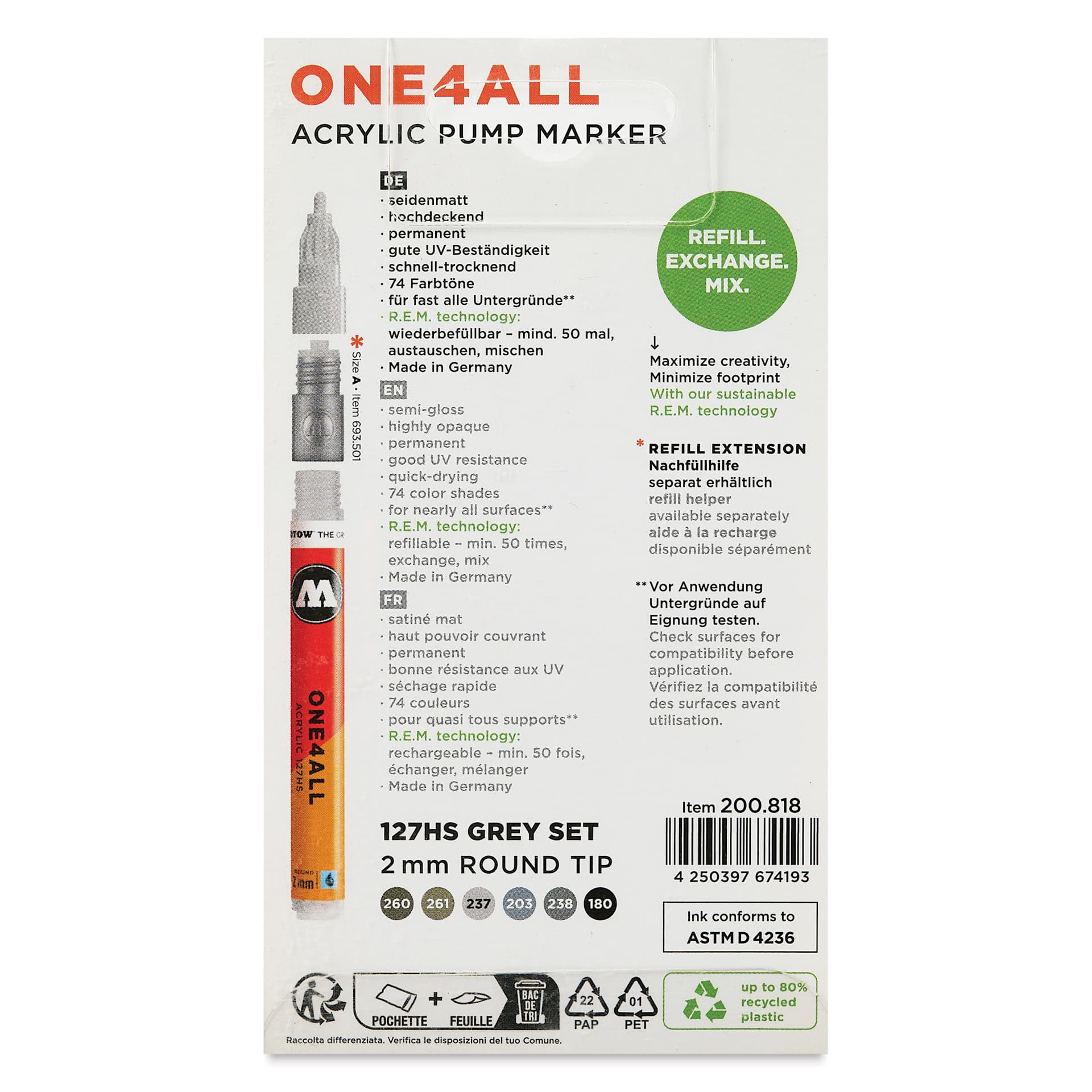 Molotow One4All Acrylic Markers - Set of 6, Grey Colors, 2 mm, back of packaging
