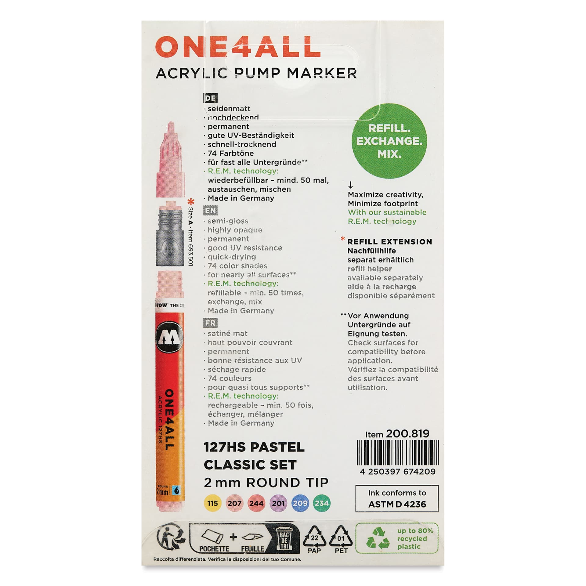 Molotow One4All Acrylic Markers - Set of 6, Pastel Classic Colors, 2 mm, back of packaging
