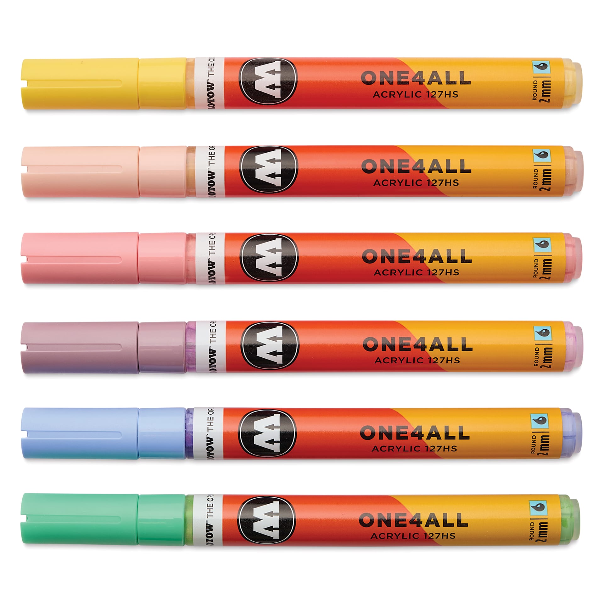 Molotow One4All Acrylic Markers - Set of 6, Pastel Classic Colors, 2 mm, caps on