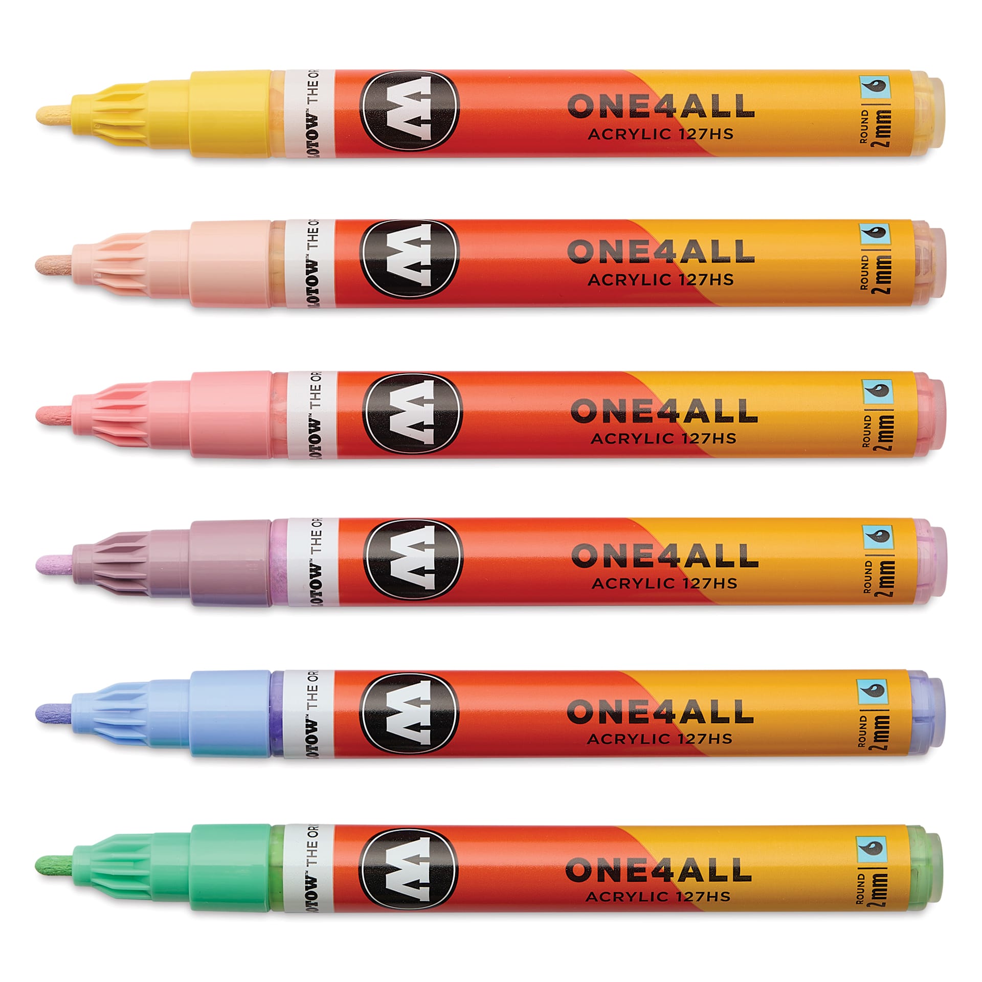 Molotow One4All Acrylic Markers - Set of 6, Pastel Classic Colors, 2 mm, caps off
