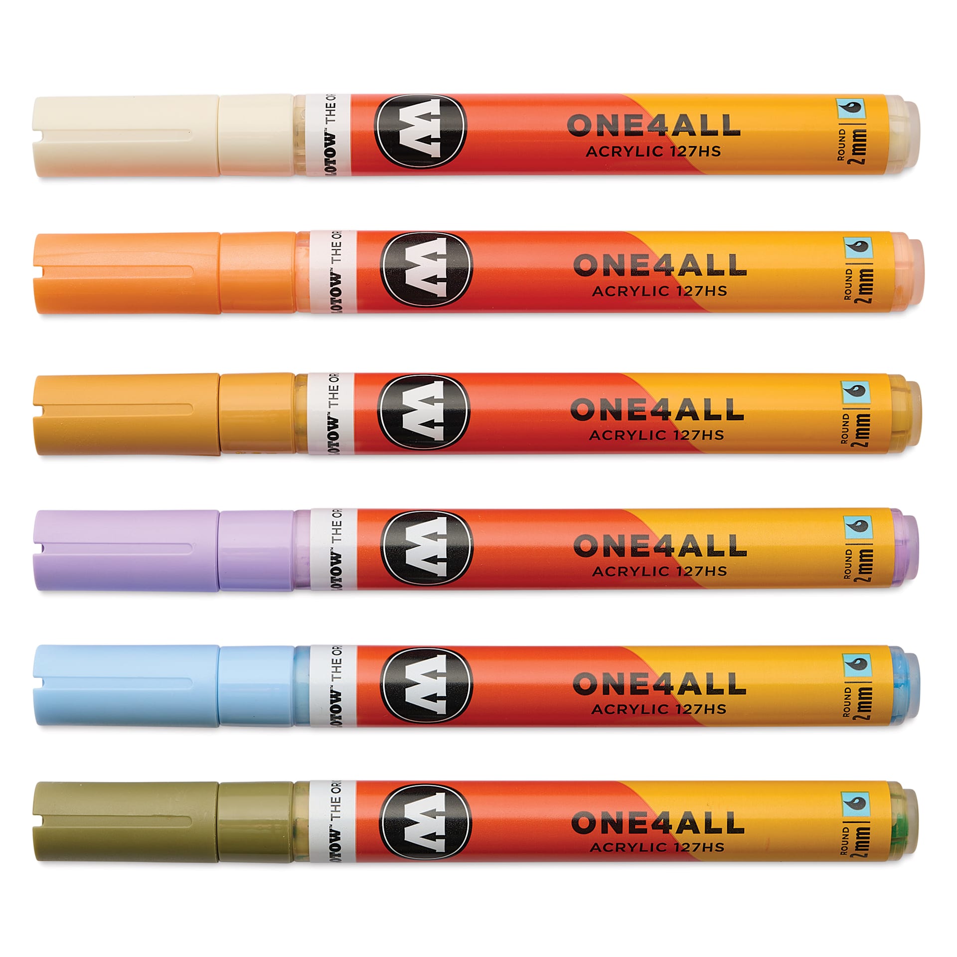 Molotow One4All Acrylic Markers - Set of 6, Pastel Modern Colors, 2 mm, caps on