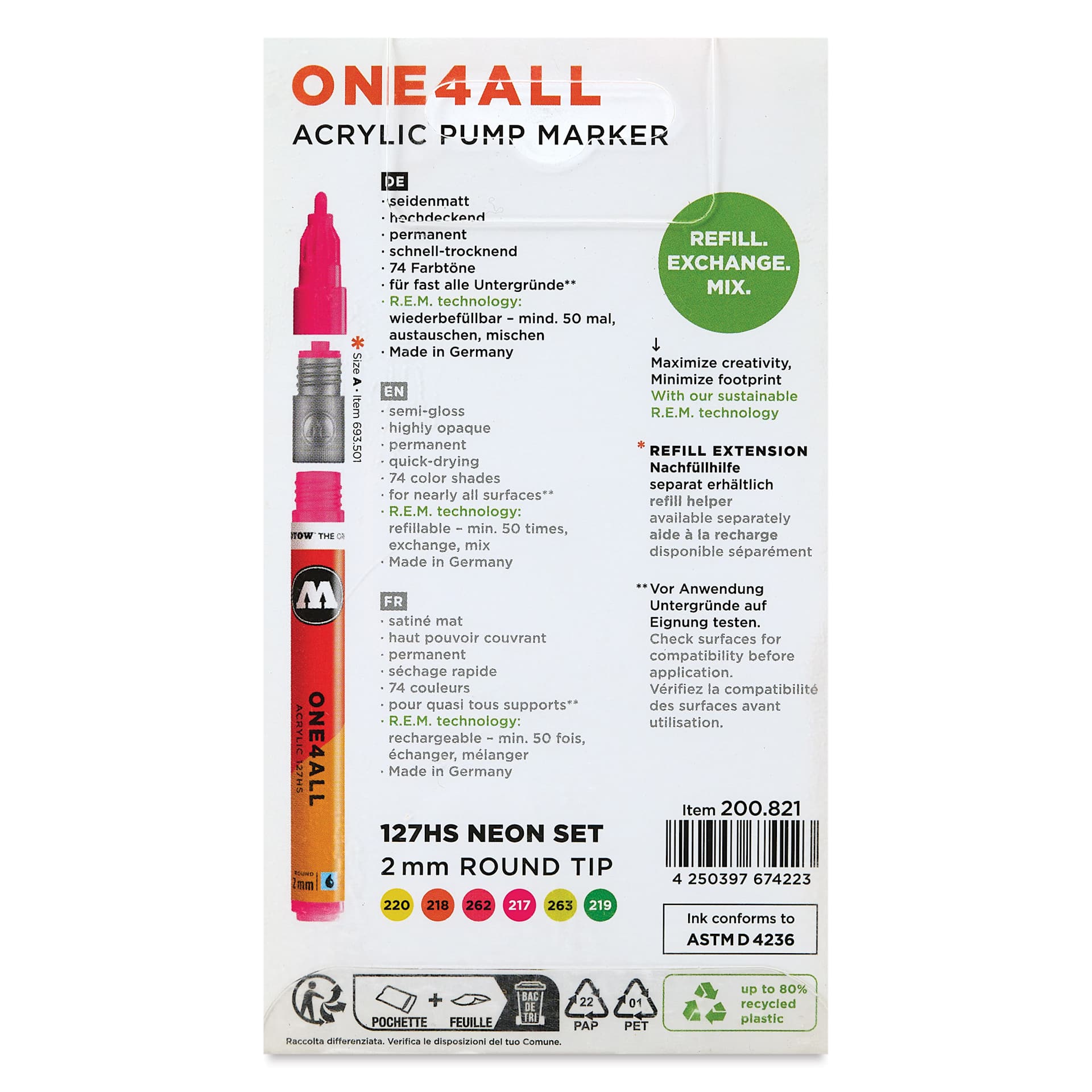 Molotow One4All Acrylic Markers - Set of 6, Neon Colors, 2 mm, back of packaging