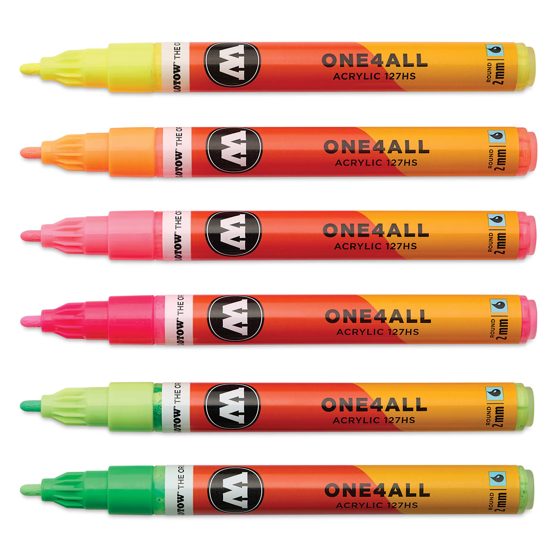 Molotow One4All Acrylic Markers - Set of 6, Neon Colors, 2 mm, caps off