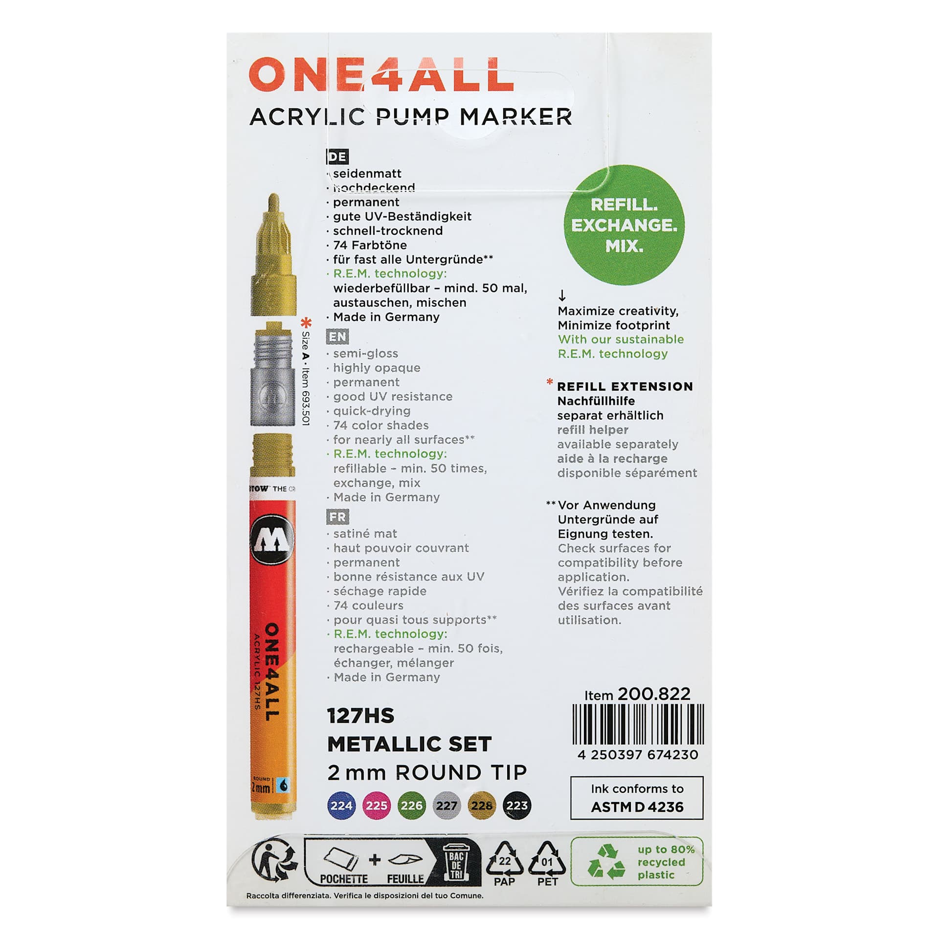 Molotow One4All Acrylic Markers - Set of 6, Metallic Colors, 2 mm, back of packaging