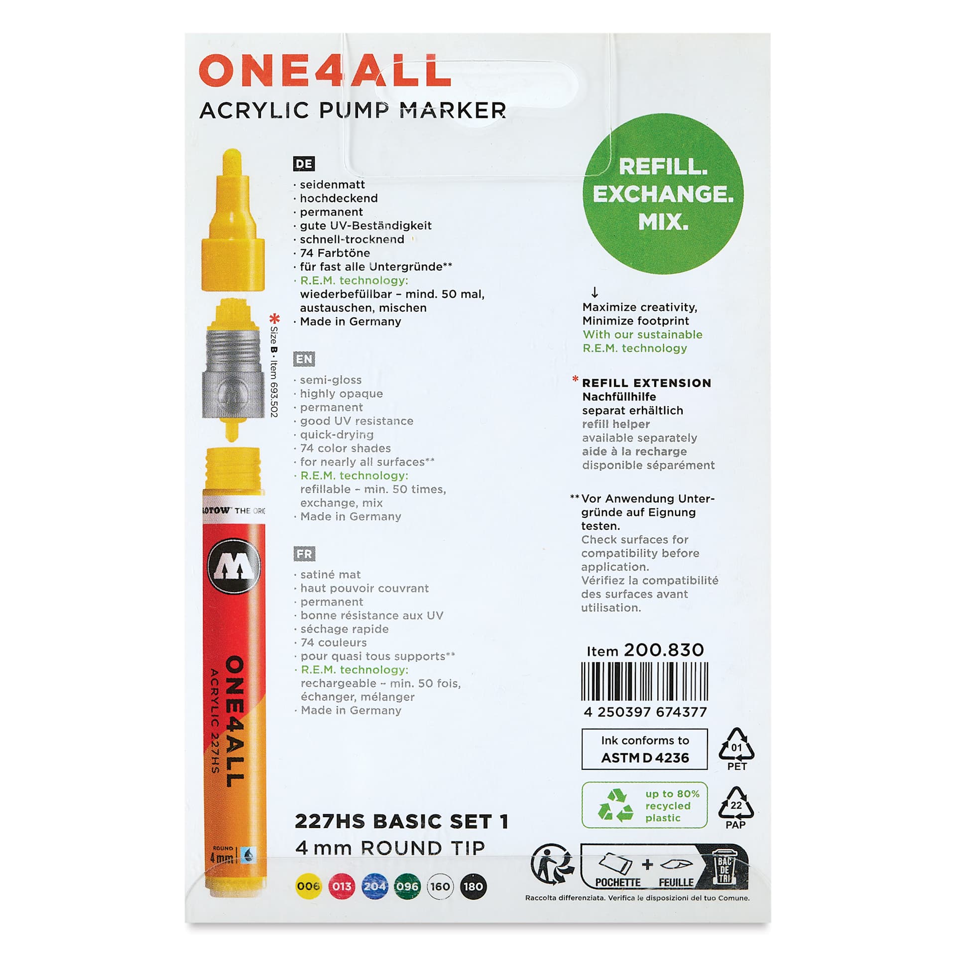 Molotow One4All Acrylic Markers - Set of 6, Basic 1 Colors, 4 mm, back of packaging