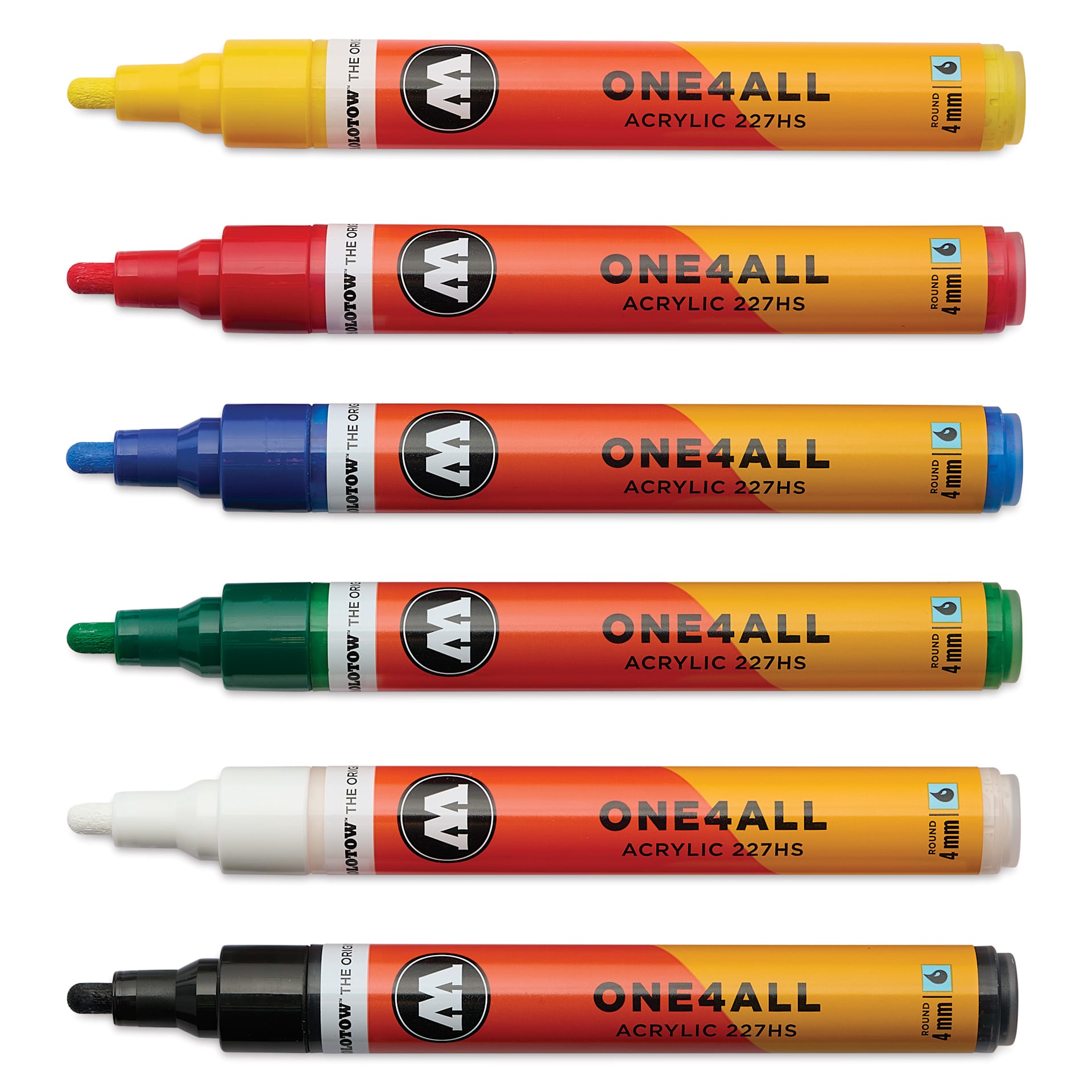 Molotow One4All Acrylic Markers - Set of 6, Basic 1 Colors, 4 mm, caps off