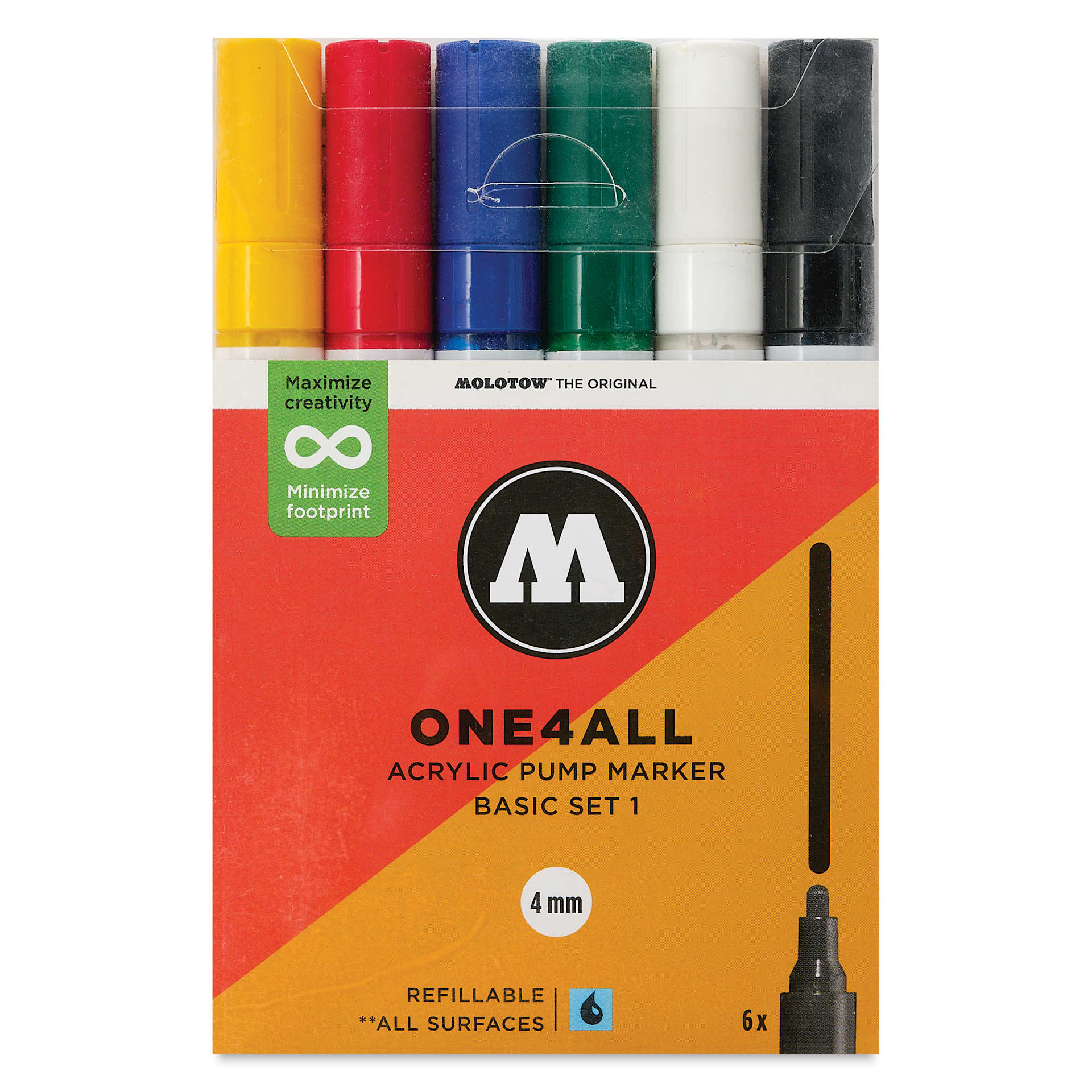 Molotow One4All Acrylic Markers - Set of 6, Basic 1 Colors, 4 mm, front of packaging