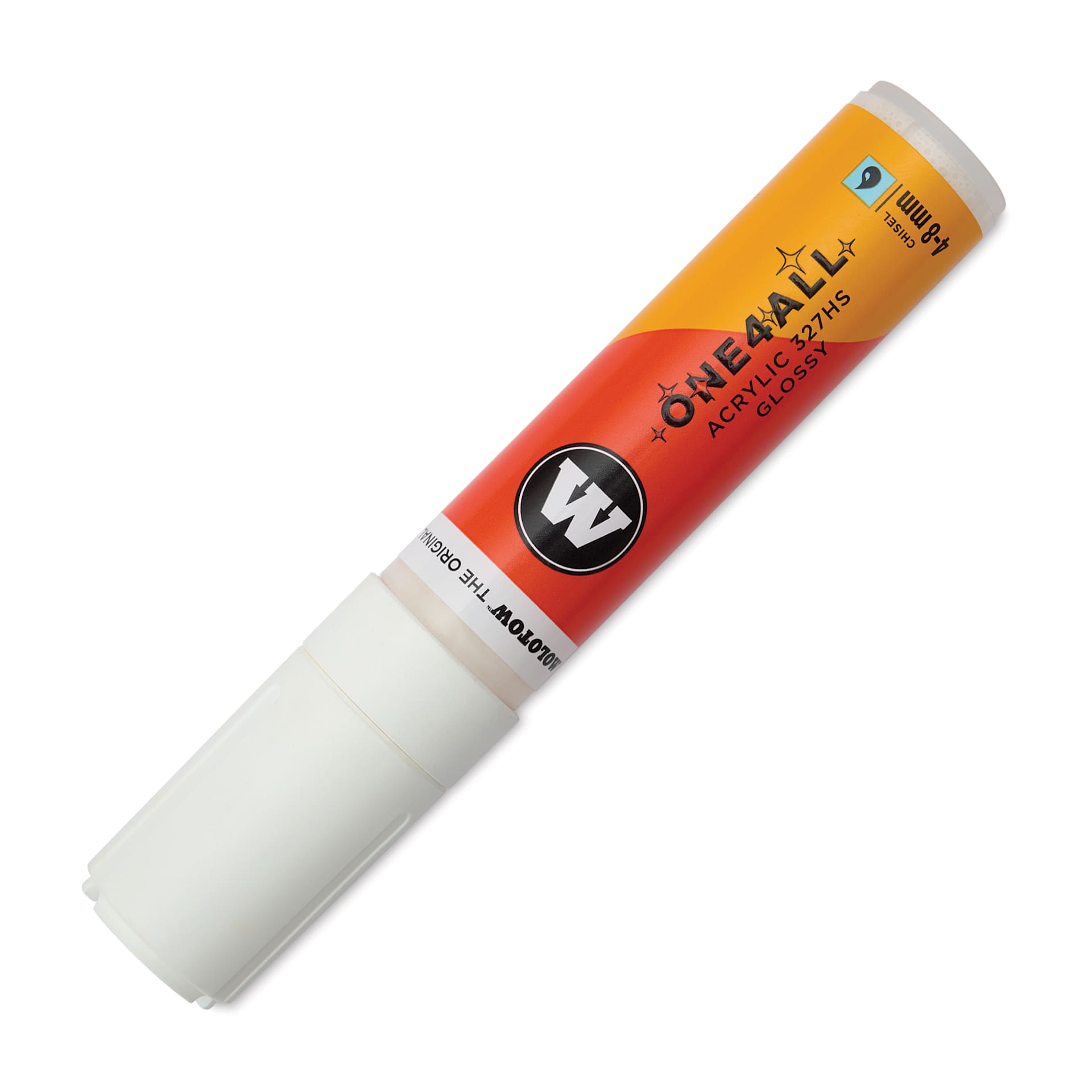 Molotow One4All Acrylic Marker - 4-8 mm Tip, White Glossy, Chisel Tip, cap on