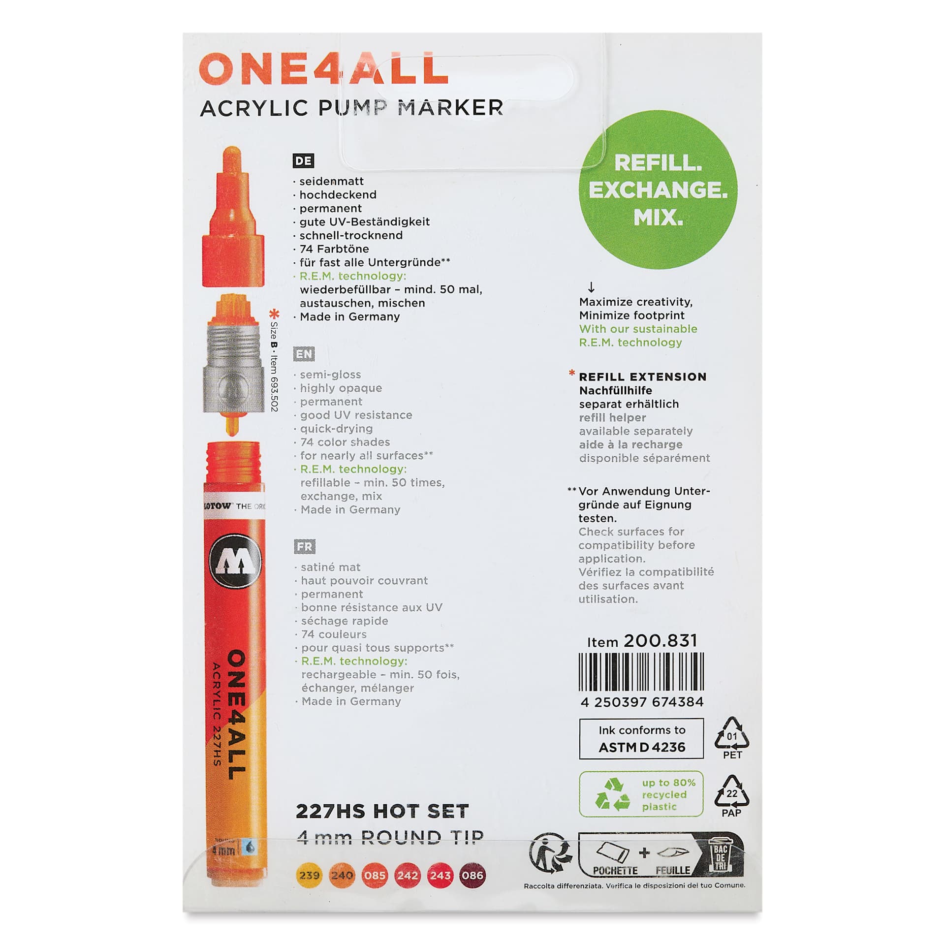 Molotow One4All Acrylic Markers - Set of 6, Hot Colors, 4 mm, back of packaging