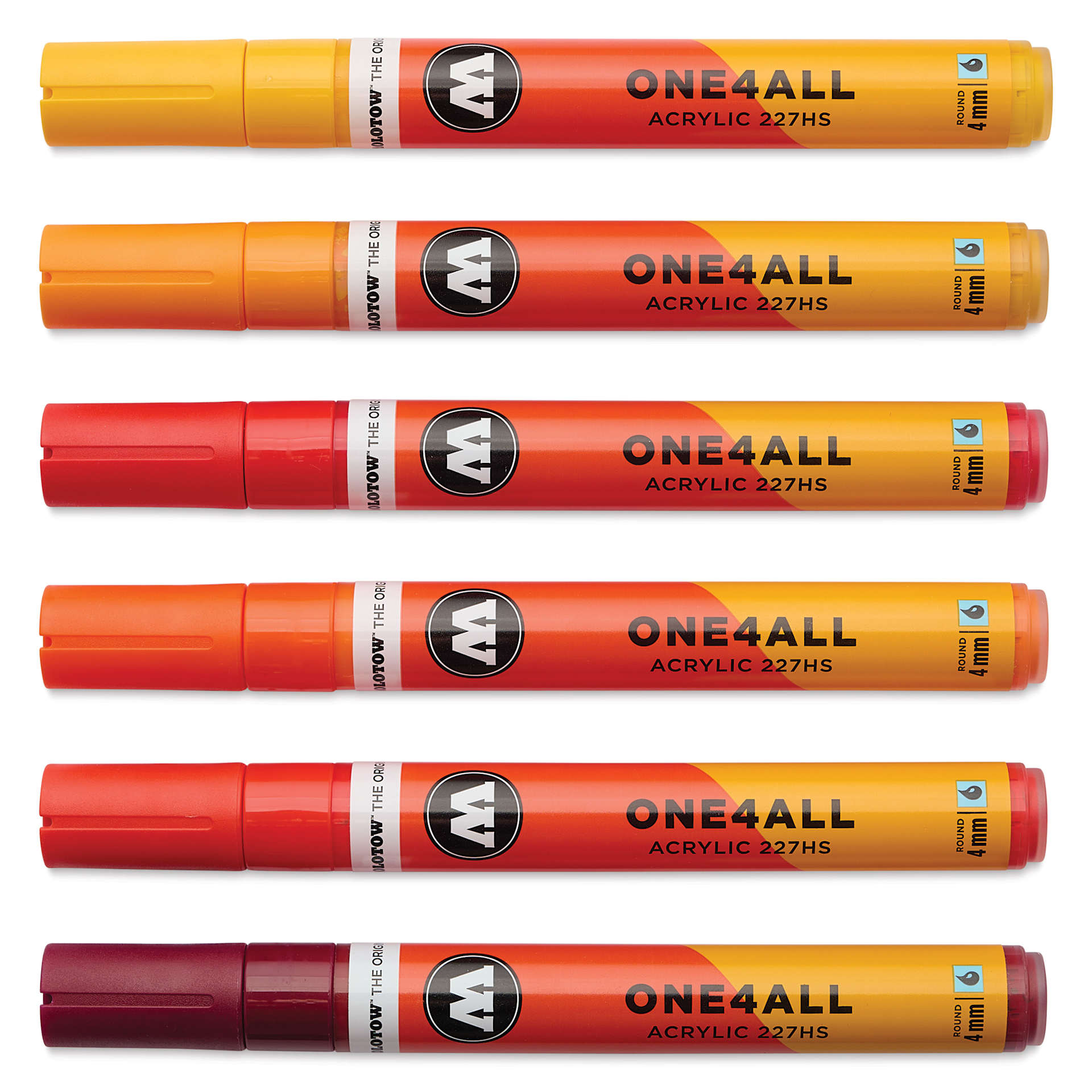 Molotow One4All Acrylic Markers - Set of 6, Hot Colors, 4 mm, caps on
